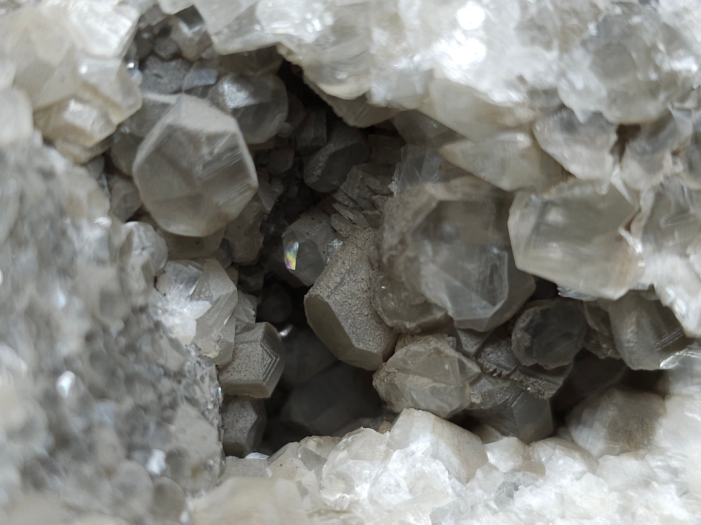 #33177 Double phantom Nailhead and clear Nailhead Spar Calcite geode with Chalcopyrite ore and multiple small fossils in the matrix