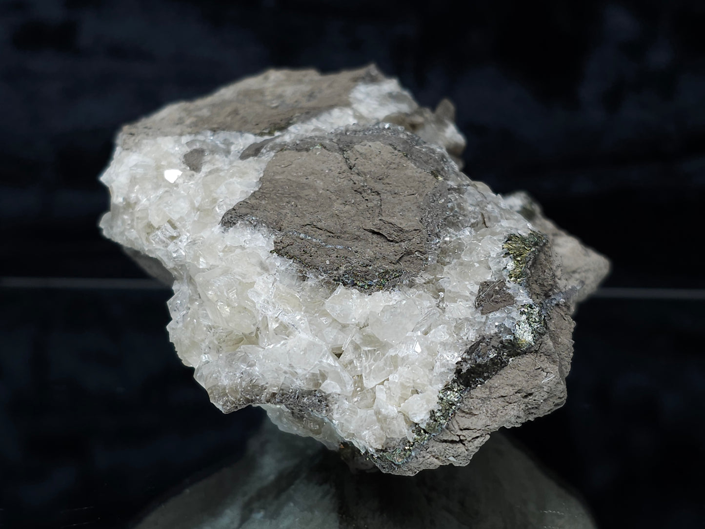 #33177 Double phantom Nailhead and clear Nailhead Spar Calcite geode with Chalcopyrite ore and multiple small fossils in the matrix