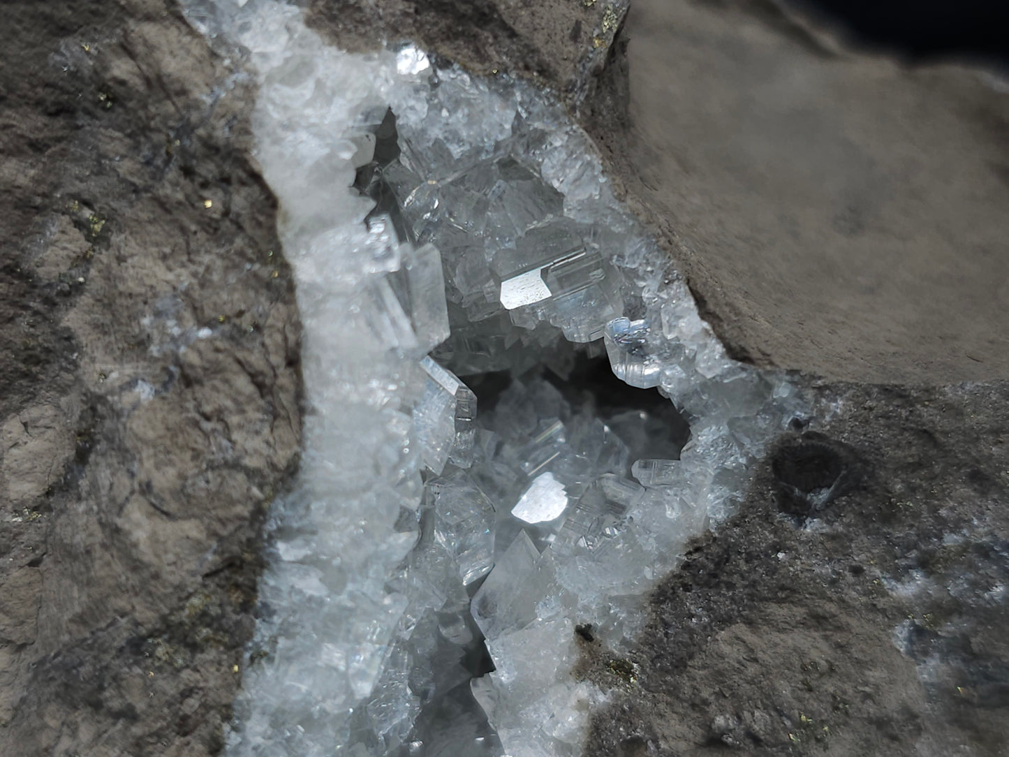 #33184 Special clear Nailhead Spar Calcite cluster with Chalcopyrite ore and multiple small fossils in the matrix