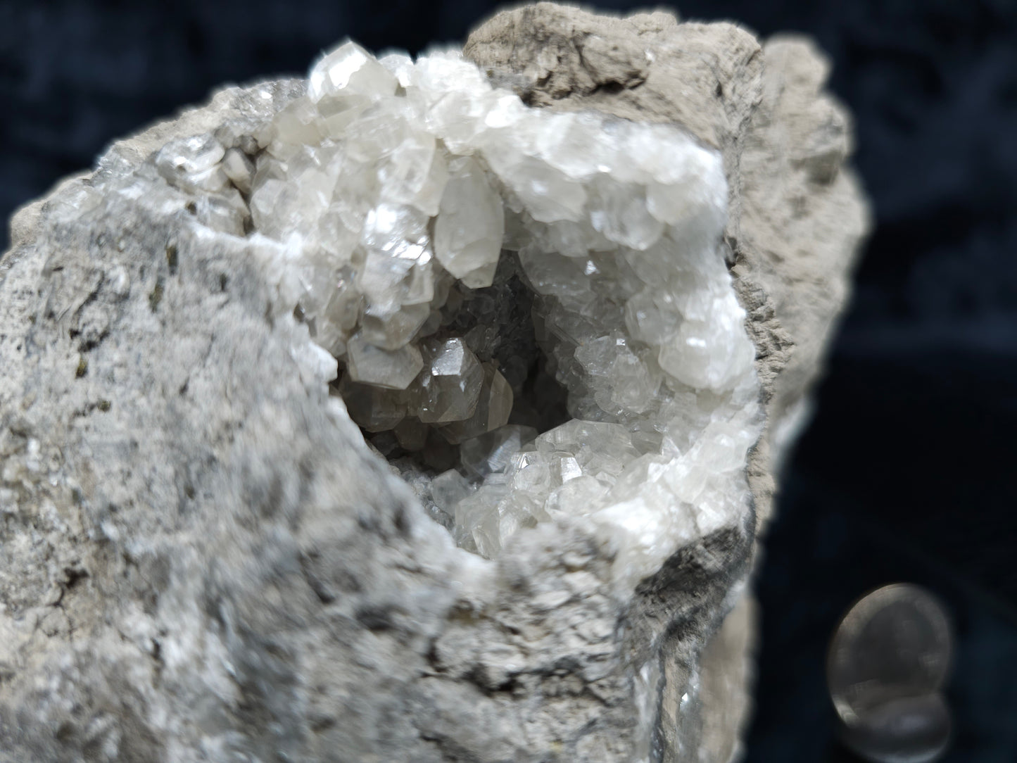 #33196 Special clear Nailhead Spar Calcite cluster and geode with  Chalcopyrite ore and multiple small fossils in the matrix
