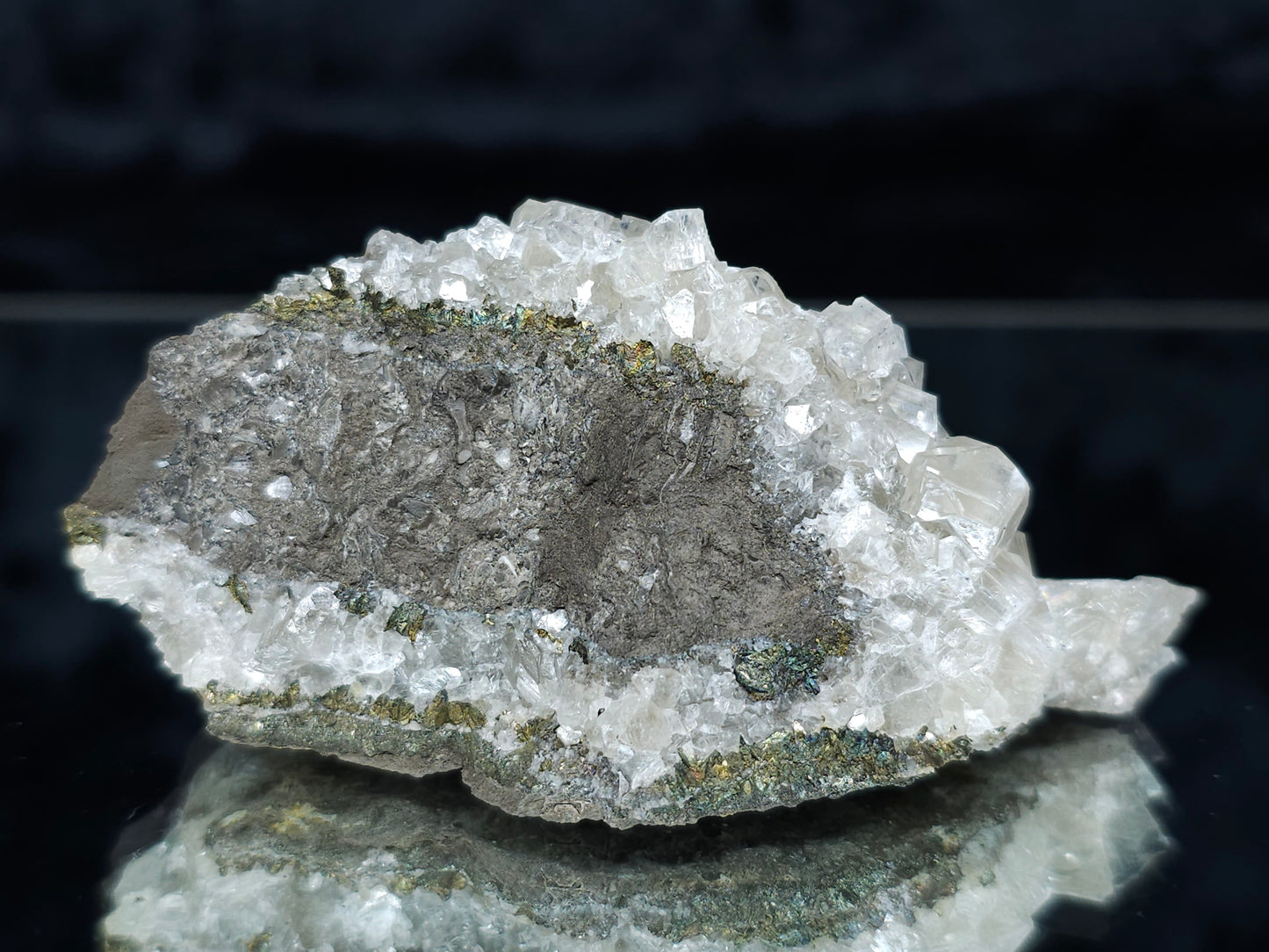 #33201 Super clear Nailhead Spar Calcite cluster and Chalcopyrite ore and multiple small fossils in the matrix