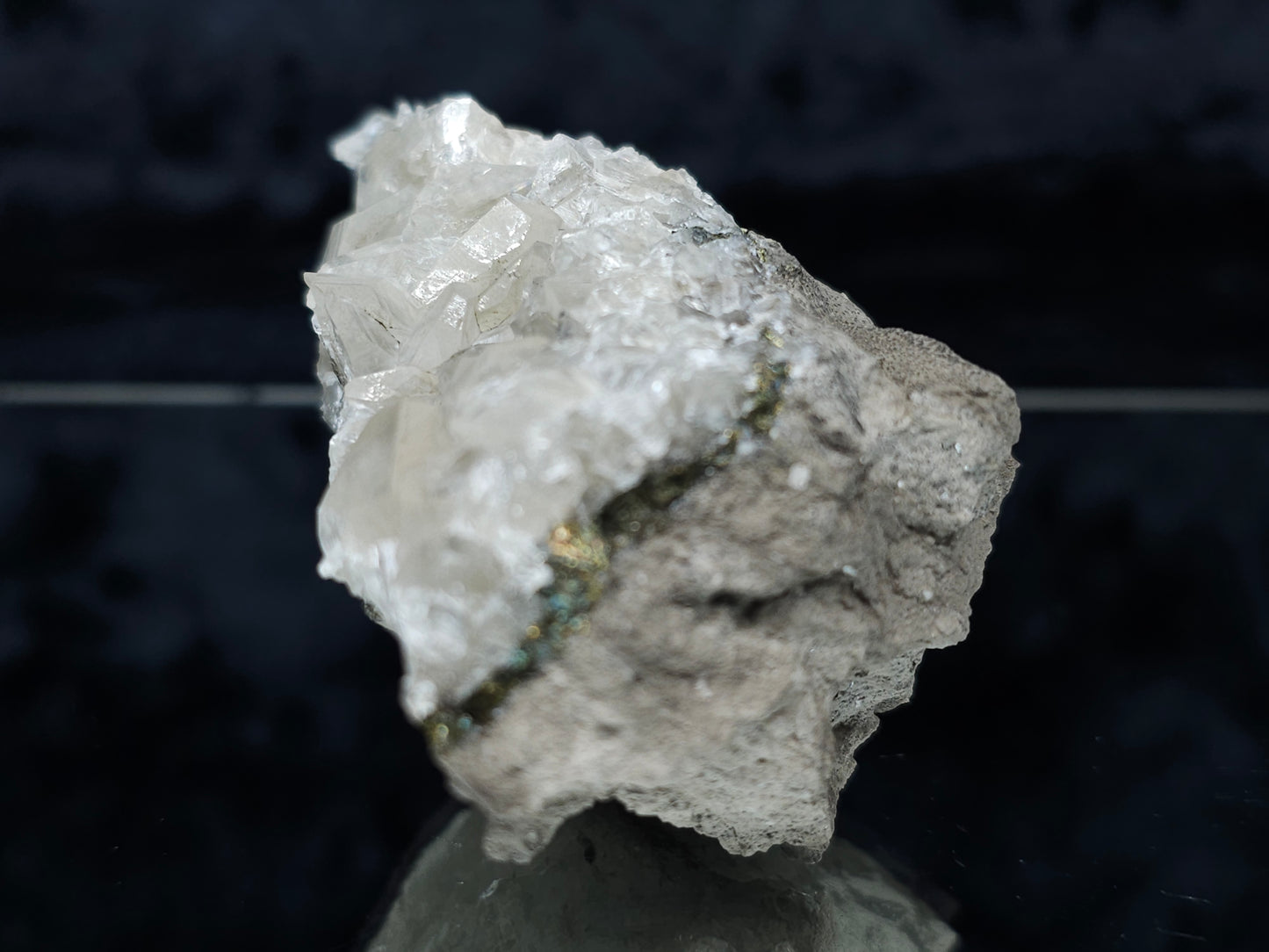 #33202 Super clear Nailhead Spar Calcite cluster and  Chalcopyrite ore and multiple small fossils in the matrix