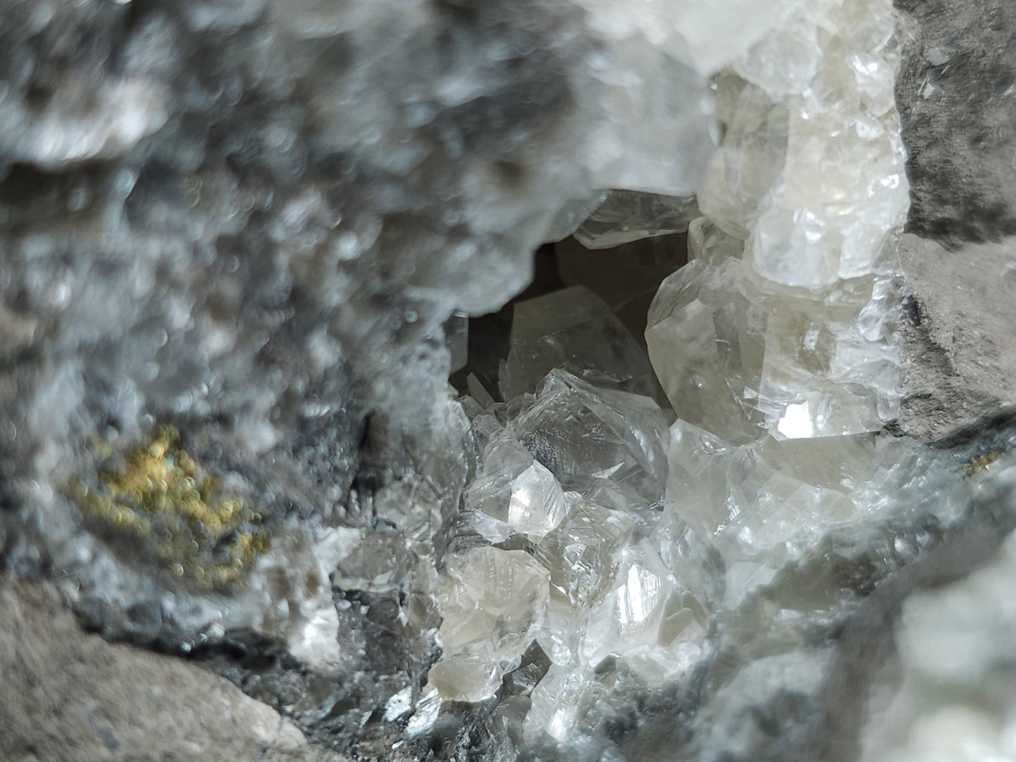 #33211 Double phantom Nailhead Spar Calcite cluster with Chalcopyrite ore and multiple small fossils in the matrix