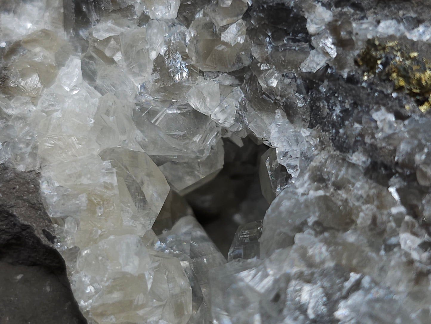 #33211 Double phantom Nailhead Spar Calcite cluster with Chalcopyrite ore and multiple small fossils in the matrix