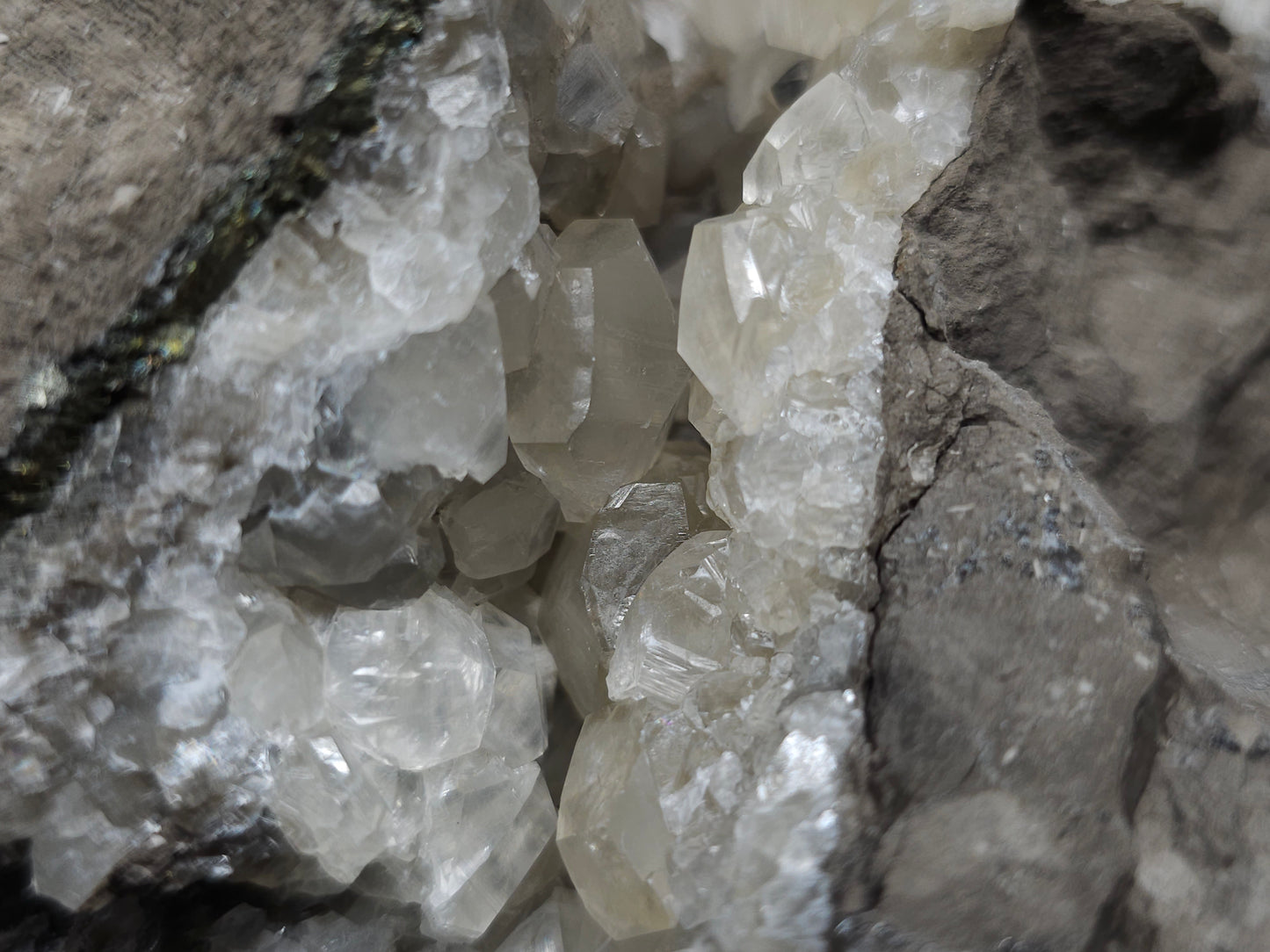 #33211 Double phantom Nailhead Spar Calcite cluster with Chalcopyrite ore and multiple small fossils in the matrix