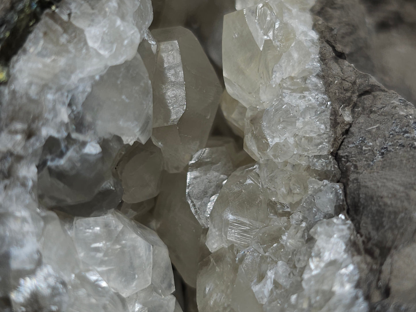 #33211 Double phantom Nailhead Spar Calcite cluster with Chalcopyrite ore and multiple small fossils in the matrix