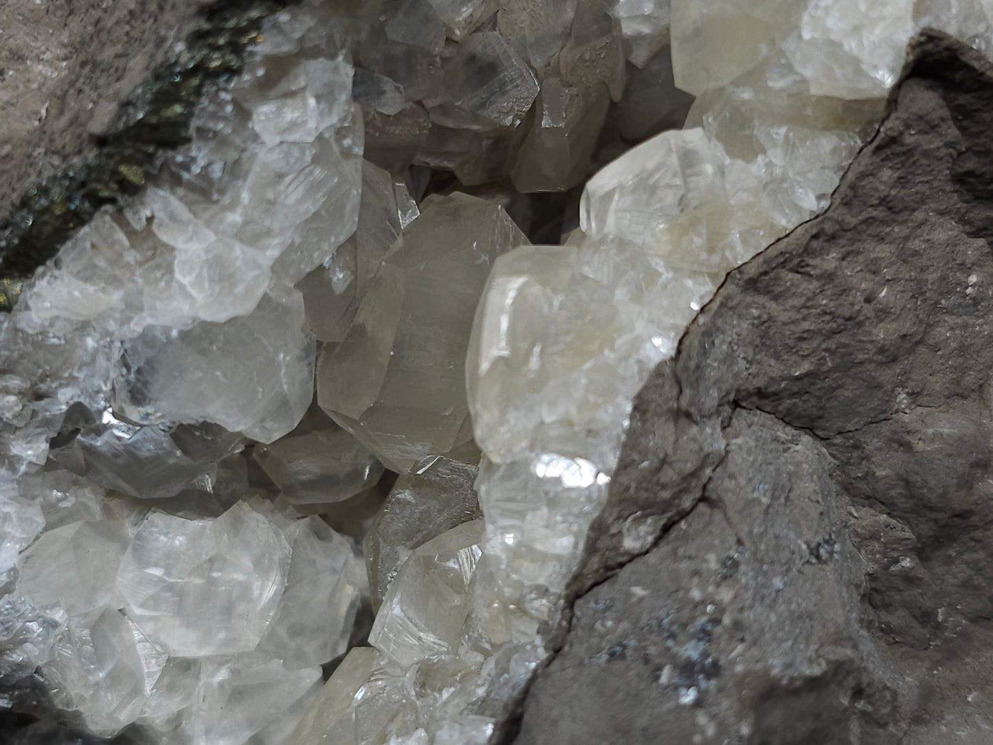 #33211 Double phantom Nailhead Spar Calcite cluster with Chalcopyrite ore and multiple small fossils in the matrix