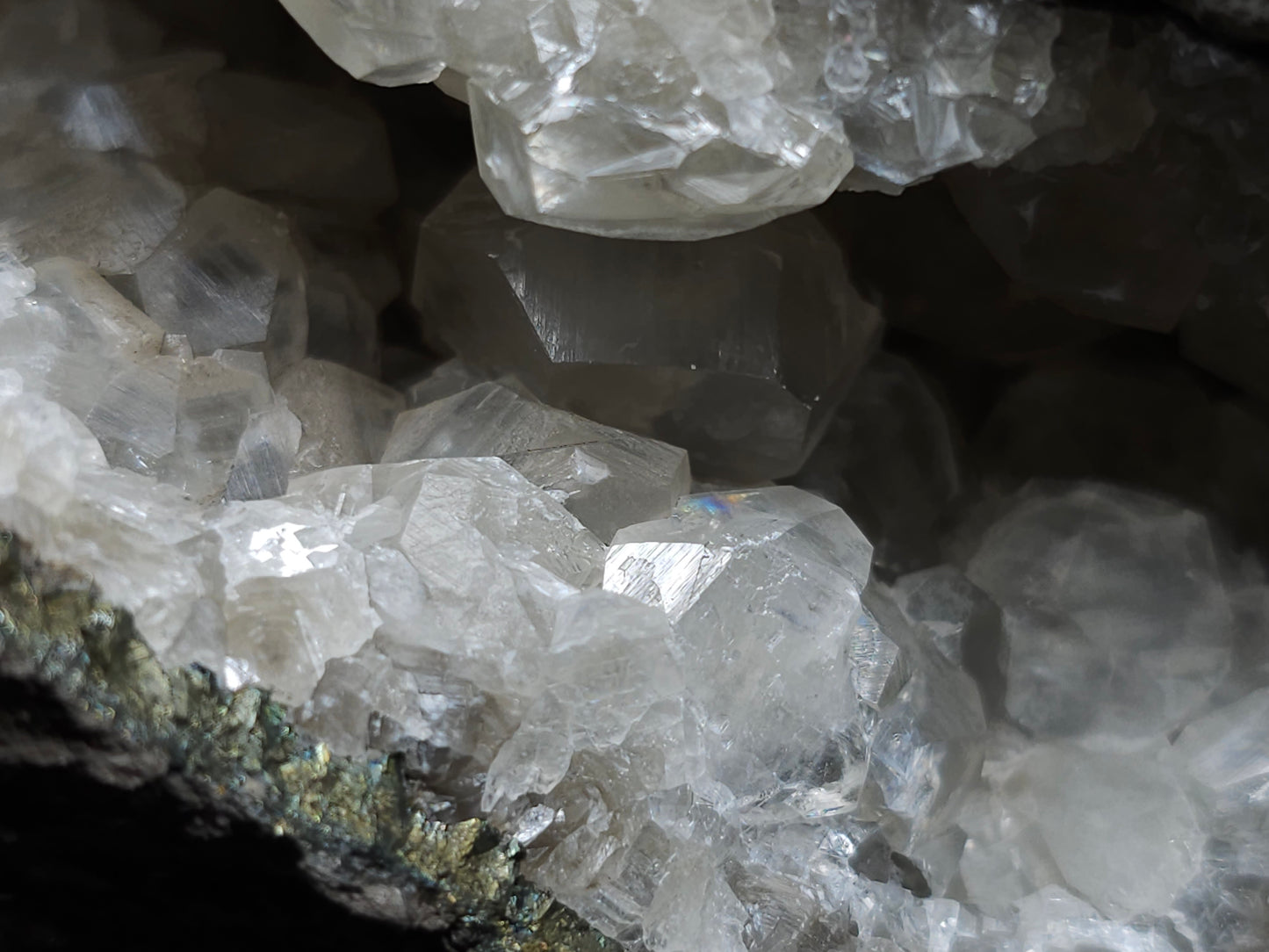#33211 Double phantom Nailhead Spar Calcite cluster with Chalcopyrite ore and multiple small fossils in the matrix