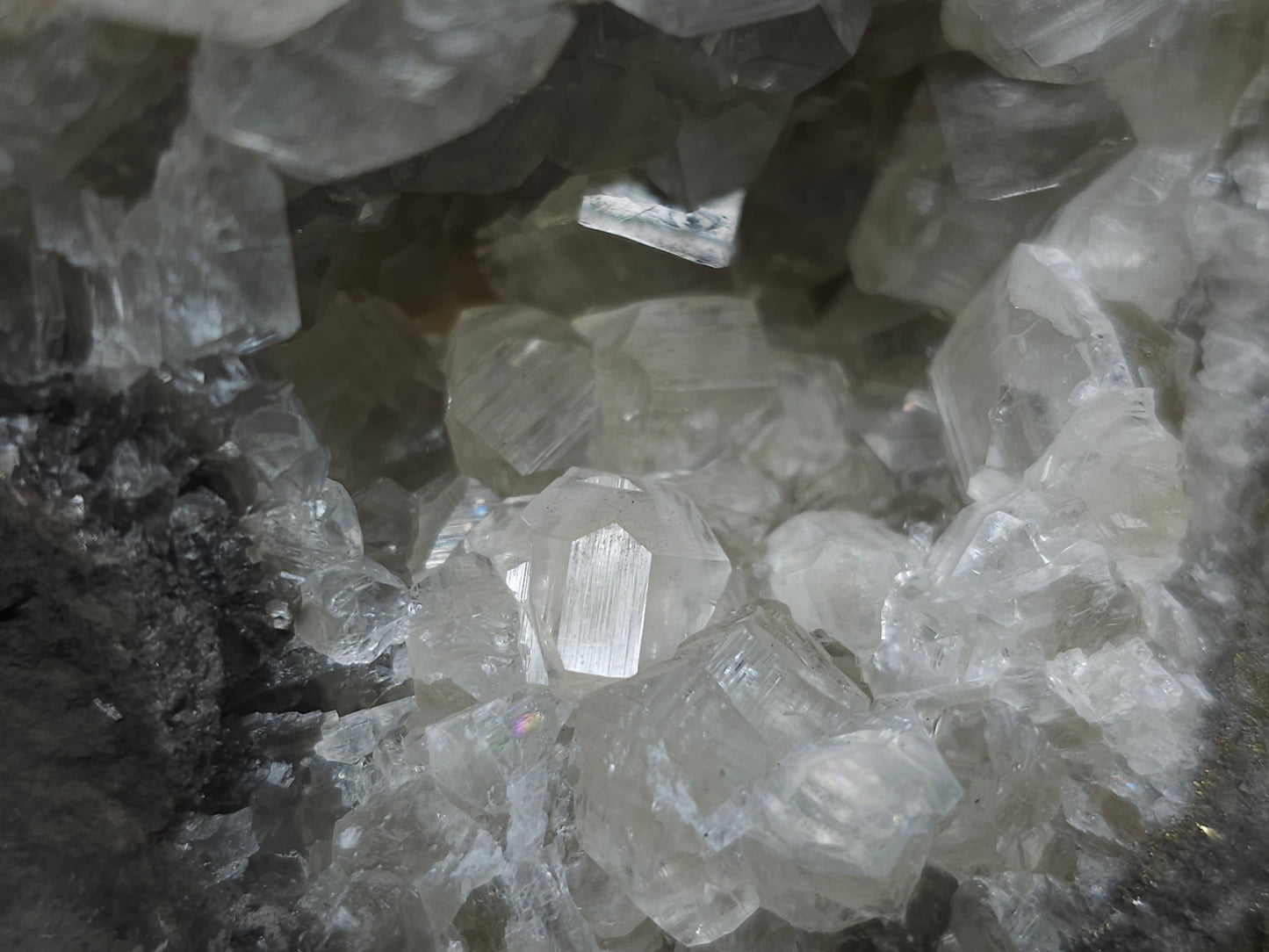 #33215 Super clear Nailhead Spar Calcite geode and Chalcopyrite ore and multiple small fossils in the matrix