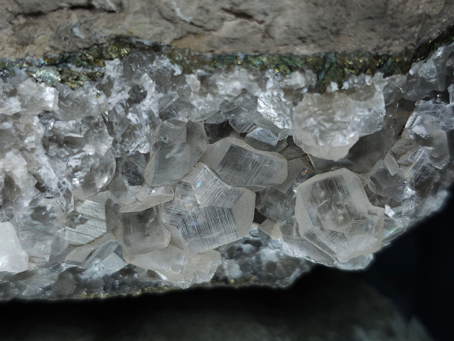 #33219 Super clear Nailhead Spar Calcite cluster and Chalcopyrite ore and multiple small fossils in the matrix
