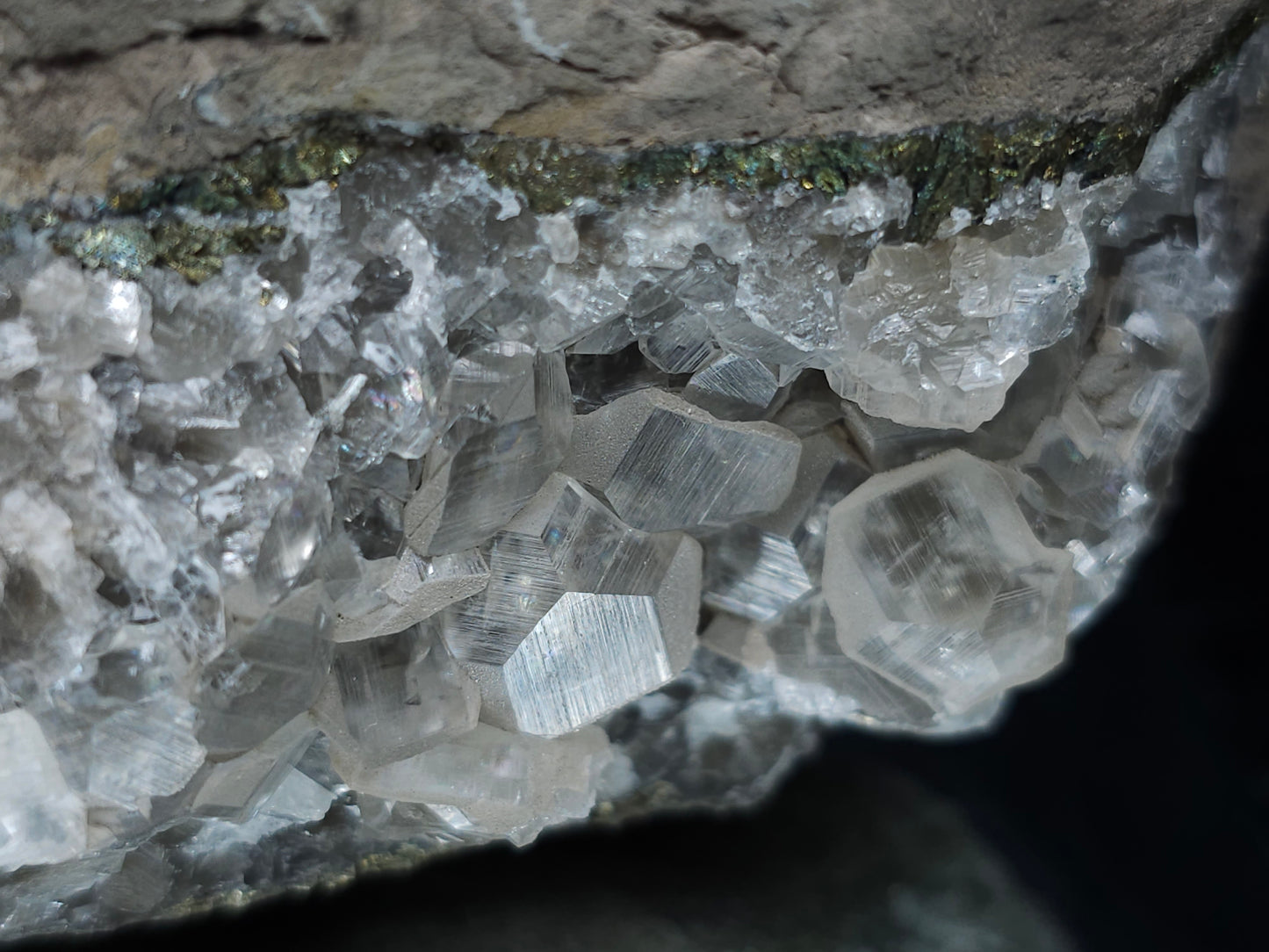 #33219 Super clear Nailhead Spar Calcite cluster and Chalcopyrite ore and multiple small fossils in the matrix