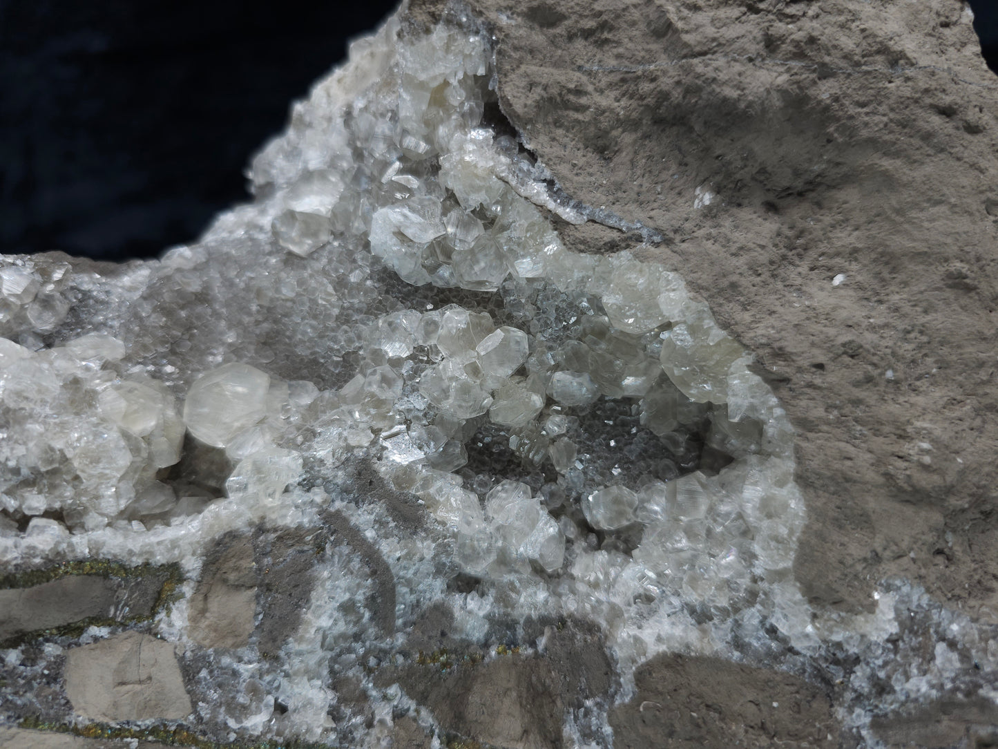 #33220 Super clear Nailhead Spar Calcite cluster and Chalcopyrite ore and multiple small fossils in the matrix