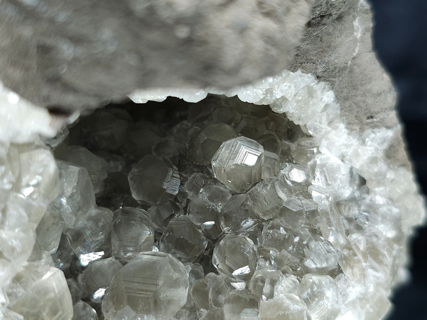 #33221 Super clear Nailhead Spar Calcite geode and Chalcopyrite ore and multiple small fossils in the matrix