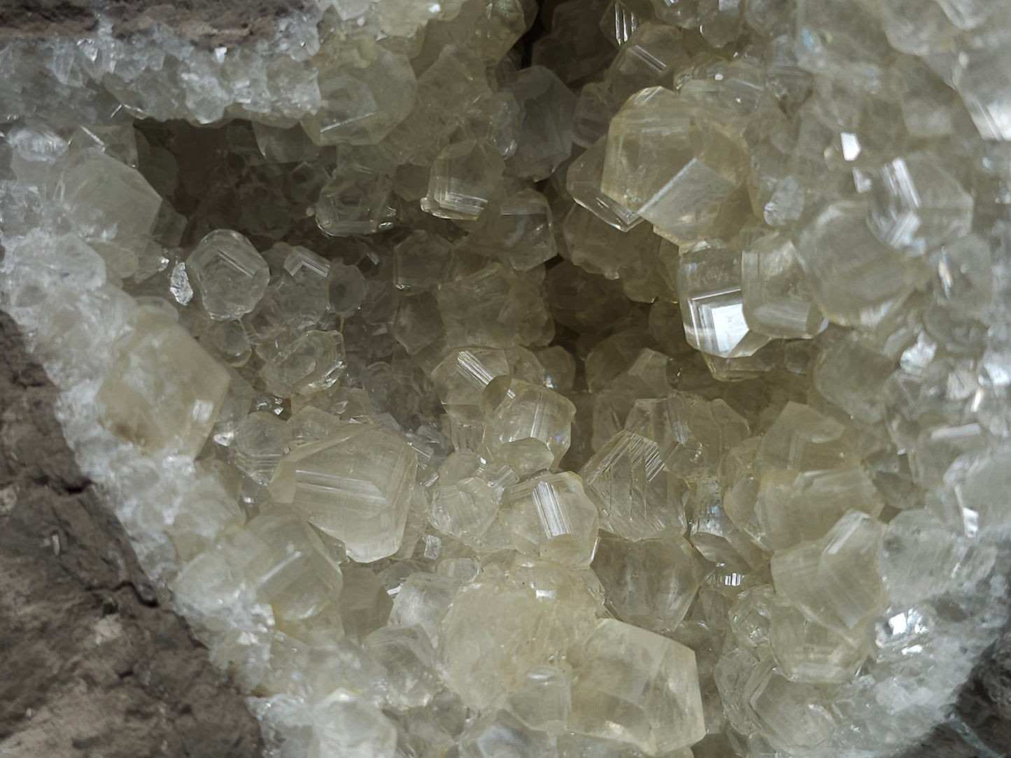 #33974 Super clear Nailhead Spar Calcite geode and  Chalcopyrite ore and multiple small fossils in the matrix
