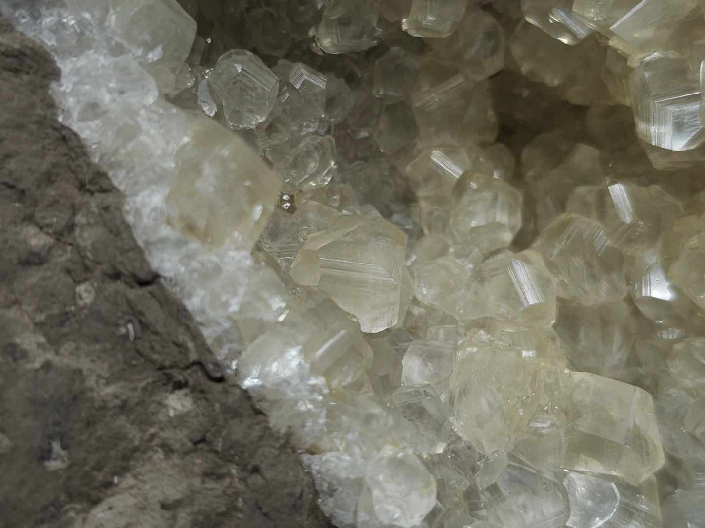 #33974 Super clear Nailhead Spar Calcite geode and  Chalcopyrite ore and multiple small fossils in the matrix