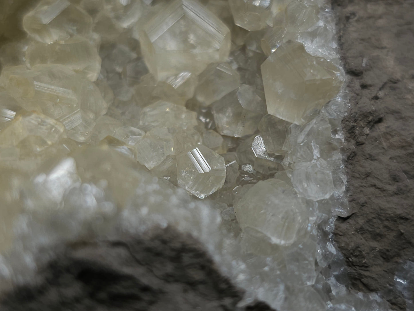 #33974 Super clear Nailhead Spar Calcite geode and  Chalcopyrite ore and multiple small fossils in the matrix