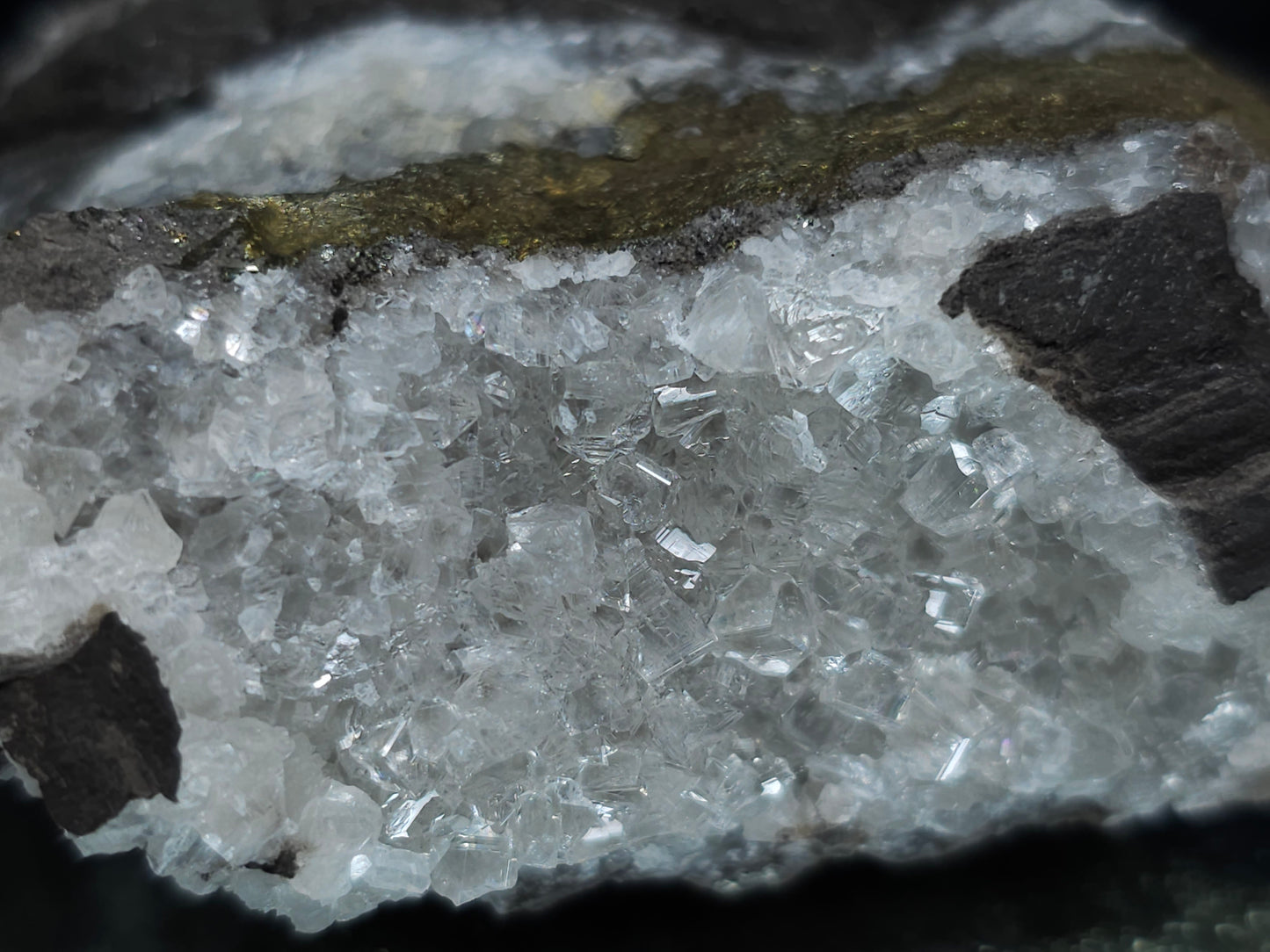 #35887 Super clear Nailhead Spar Calcite cluster and Chalcopyrite ore and multiple small fossils in the matrix