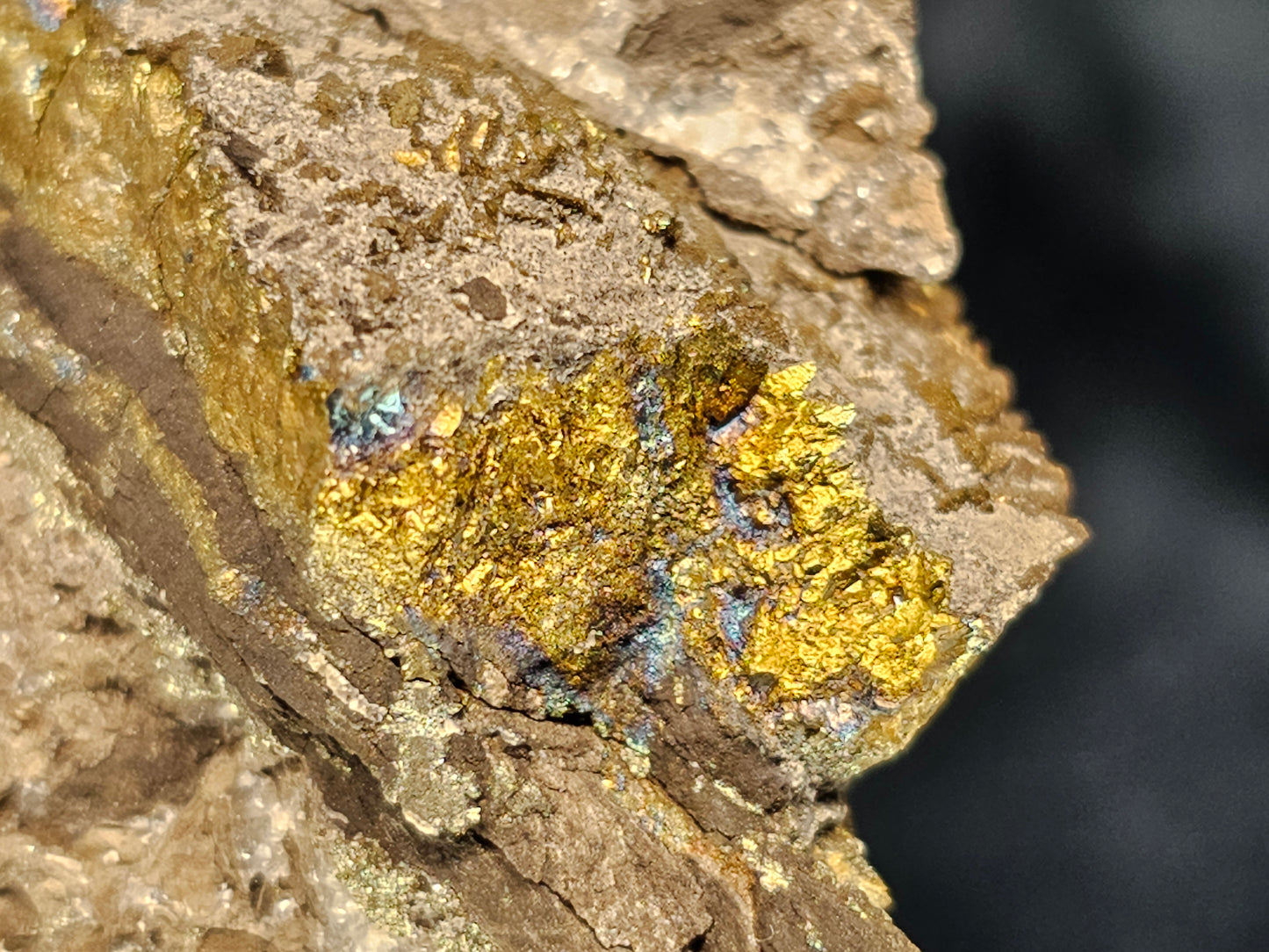 #35895 Golden peacock Chalcopyrite ore and Calcite formation