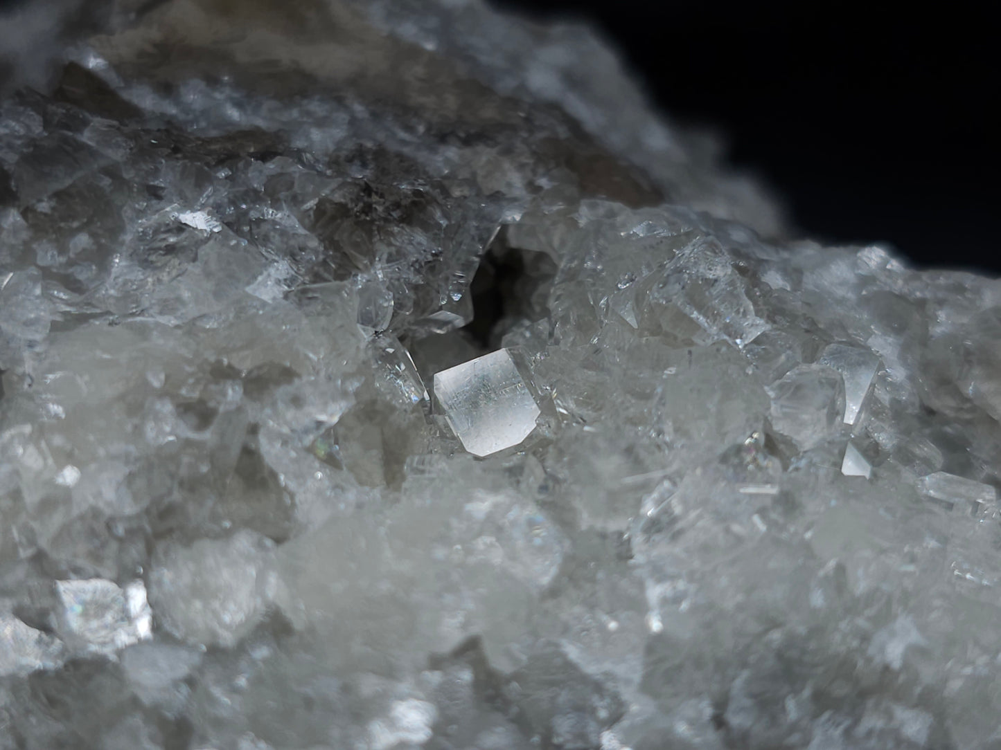 #35920 #Q Super clear Nailhead Spar Calcite geode, Chalcopyrite ore and multiple small fossils in the matrix