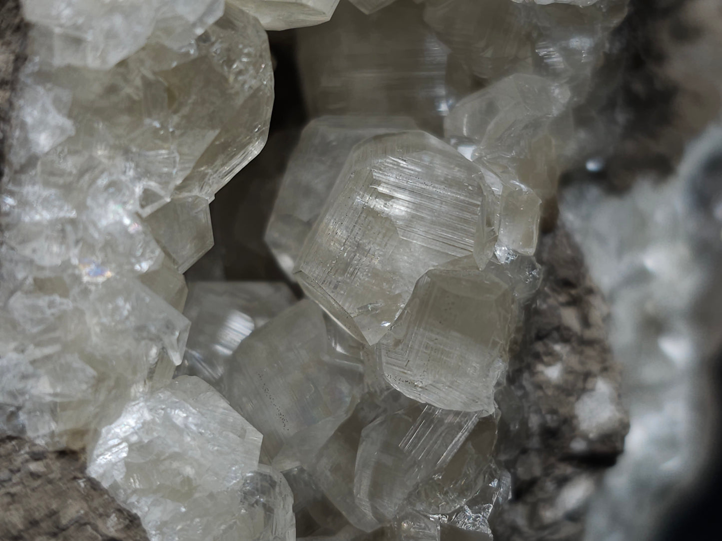 #33972 Super clear Nailhead Spar Calcite geode and Chalcopyrite ore and multiple small fossils in the matrix