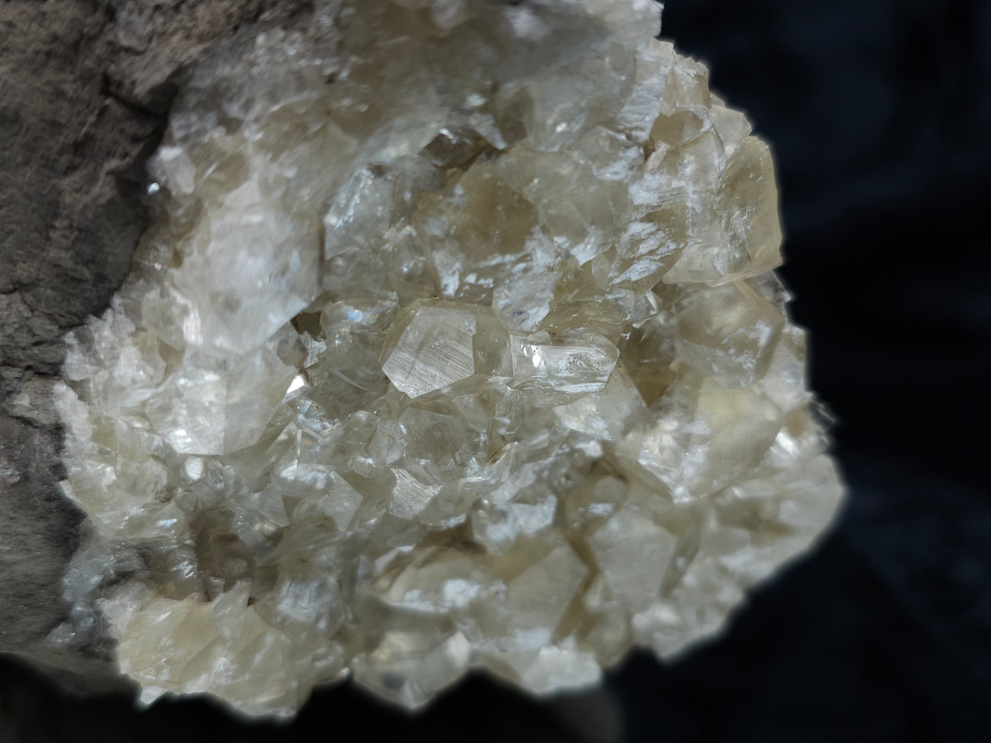 #33972 Super clear Nailhead Spar Calcite geode and Chalcopyrite ore and multiple small fossils in the matrix
