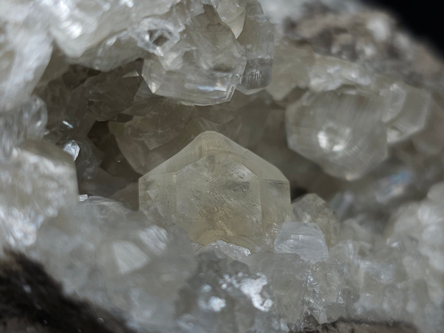 #33972 Super clear Nailhead Spar Calcite geode and Chalcopyrite ore and multiple small fossils in the matrix