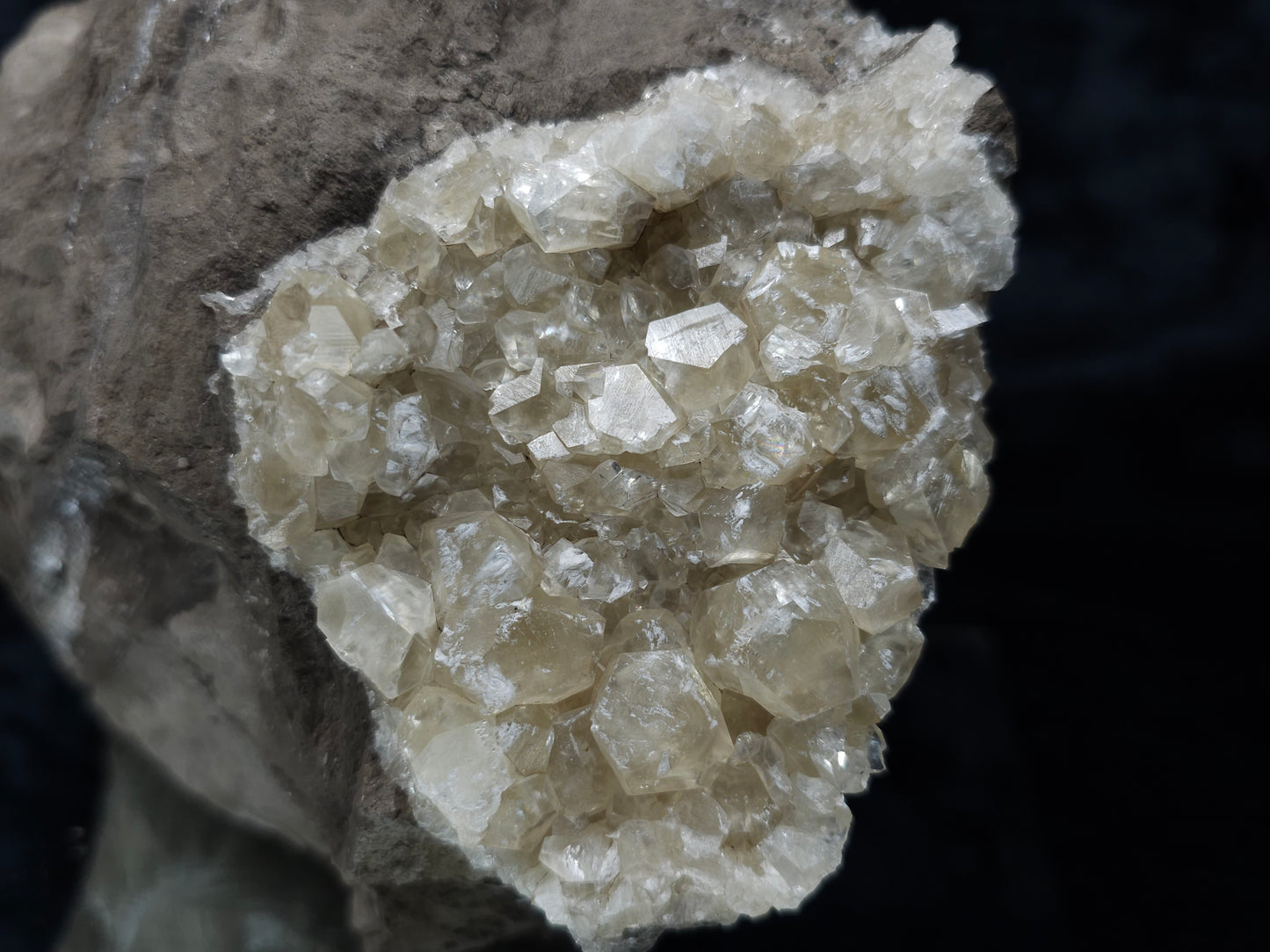 #33972 Super clear Nailhead Spar Calcite geode and Chalcopyrite ore and multiple small fossils in the matrix