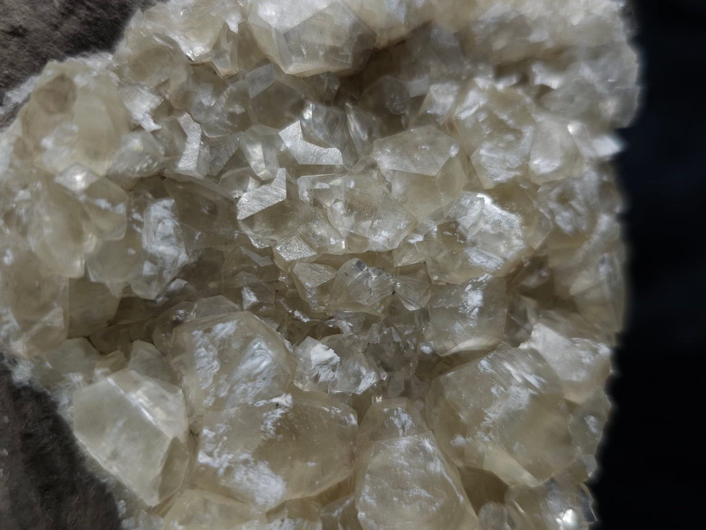 #33972 Super clear Nailhead Spar Calcite geode and Chalcopyrite ore and multiple small fossils in the matrix
