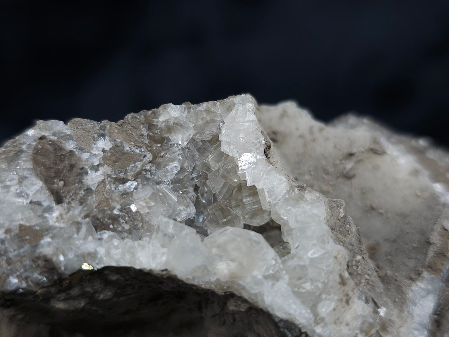 #33972 Super clear Nailhead Spar Calcite geode and Chalcopyrite ore and multiple small fossils in the matrix