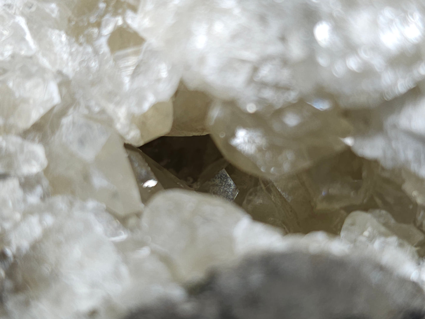 #33973 Super clear Nailhead Spar Calcite geode and Chalcopyrite ore and multiple small fossils in the matrix
