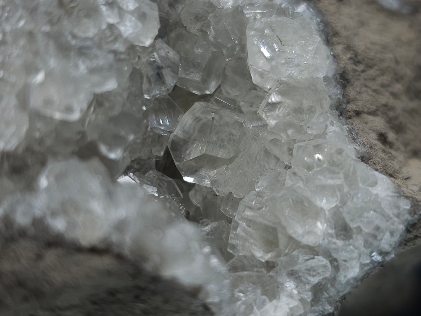 #33973 Super clear Nailhead Spar Calcite geode and Chalcopyrite ore and multiple small fossils in the matrix