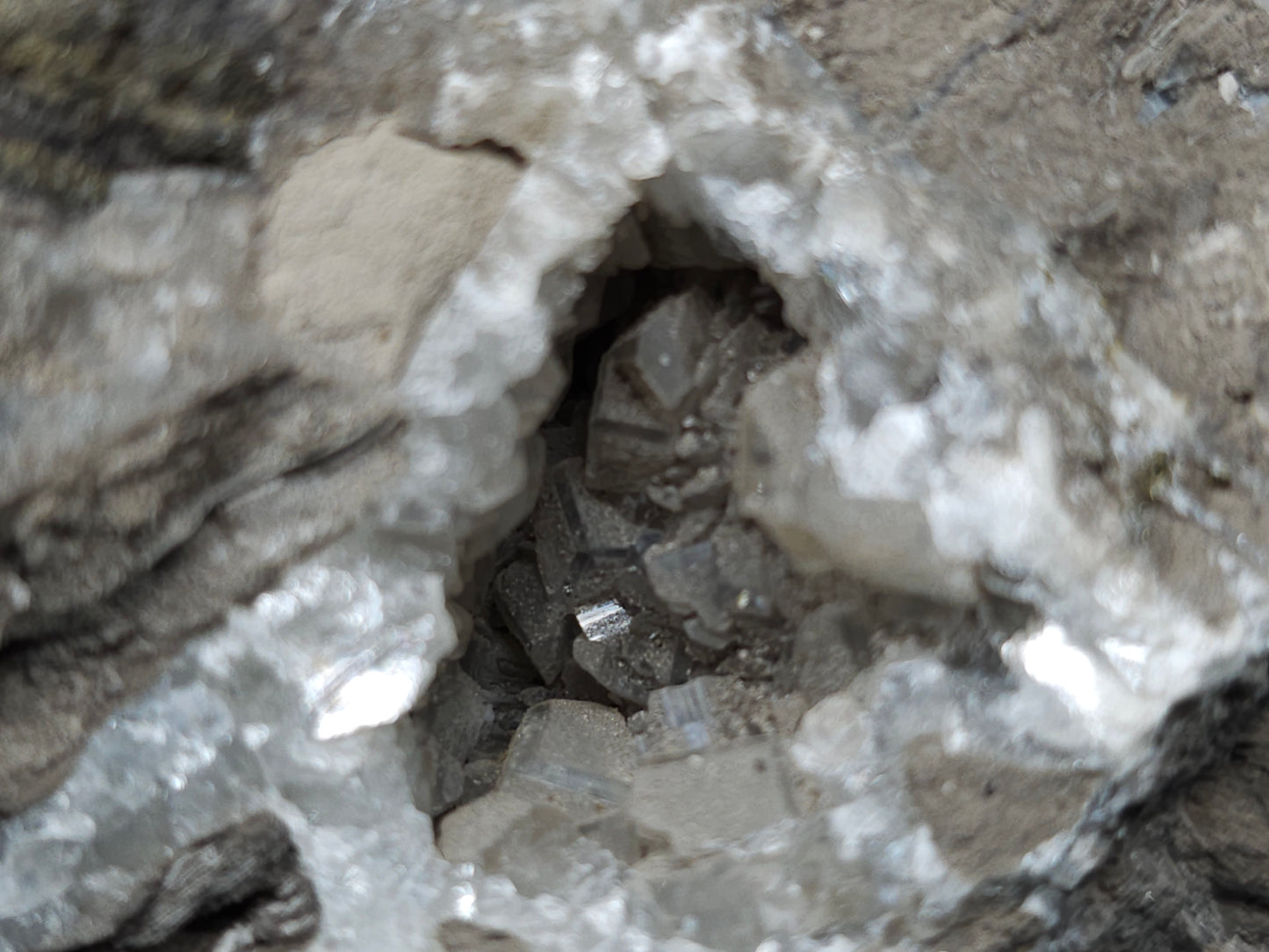 #33973 Super clear Nailhead Spar Calcite geode and Chalcopyrite ore and multiple small fossils in the matrix