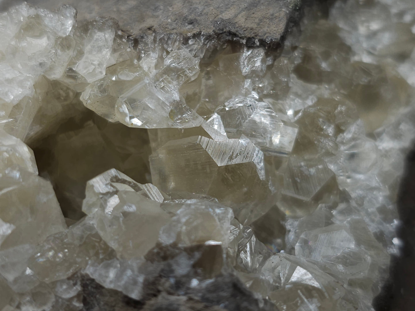 #33973 Super clear Nailhead Spar Calcite geode and Chalcopyrite ore and multiple small fossils in the matrix