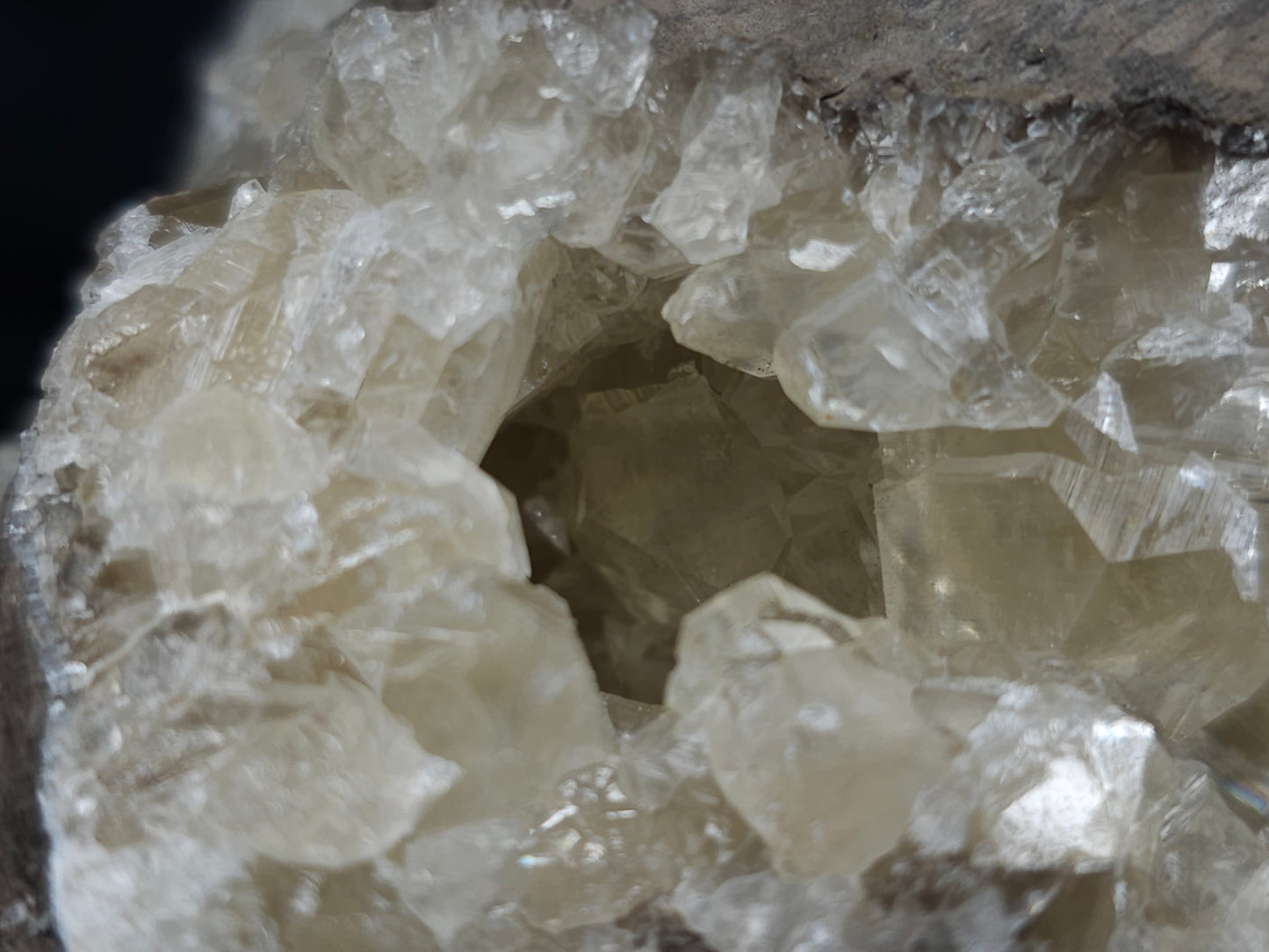 #33973 Super clear Nailhead Spar Calcite geode and Chalcopyrite ore and multiple small fossils in the matrix