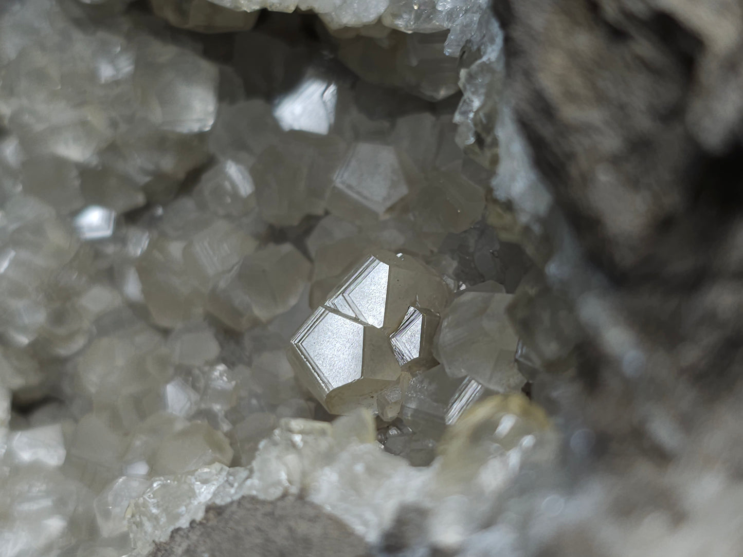 #33973 Super clear Nailhead Spar Calcite geode and Chalcopyrite ore and multiple small fossils in the matrix