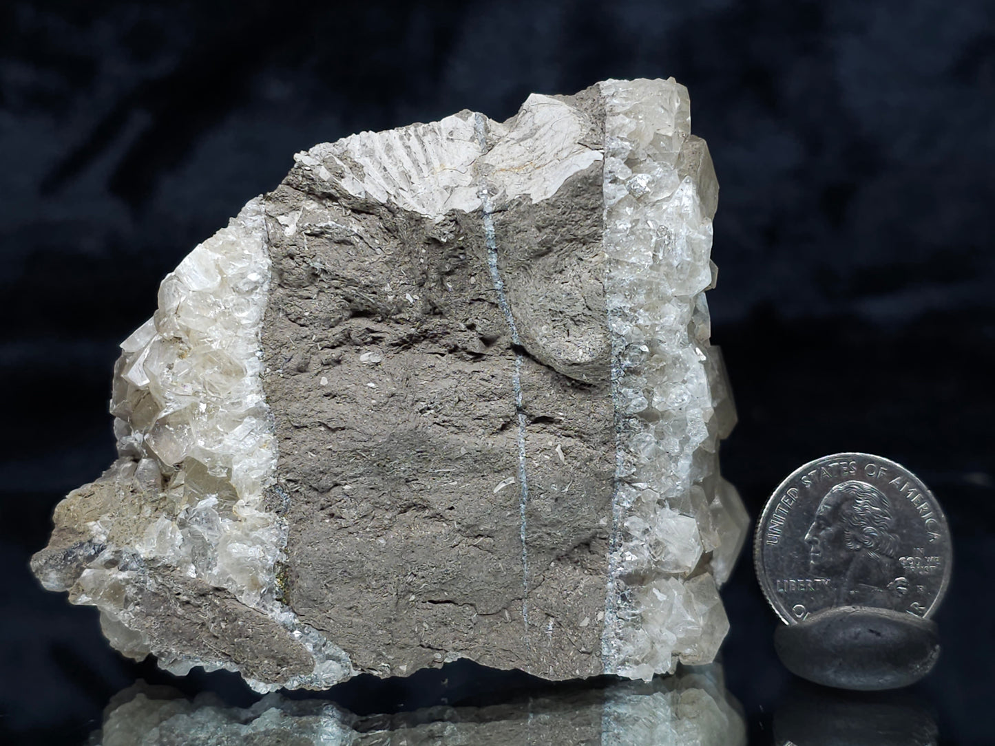 #33975 double phantom Nailhead Spar Calcite cluster and Chalcopyrite ore and awesome Trilobite fossil