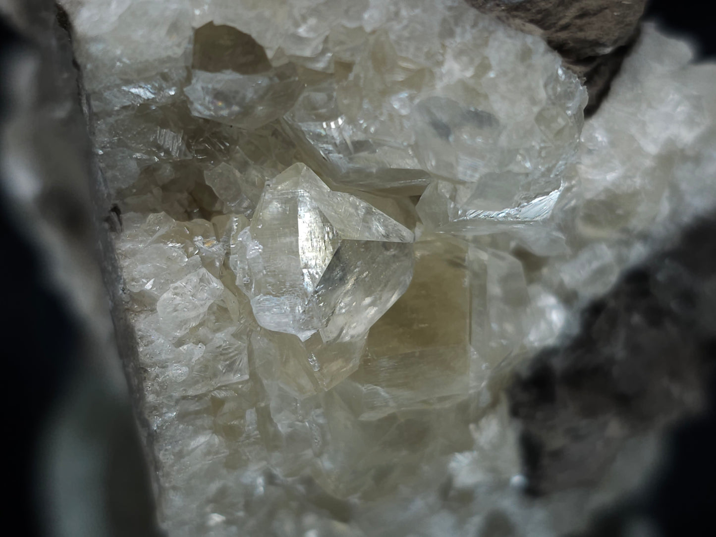 #33976 Super clear Nailhead Spar Calcite geode and Chalcopyrite ore and multiple small fossils in the matrix