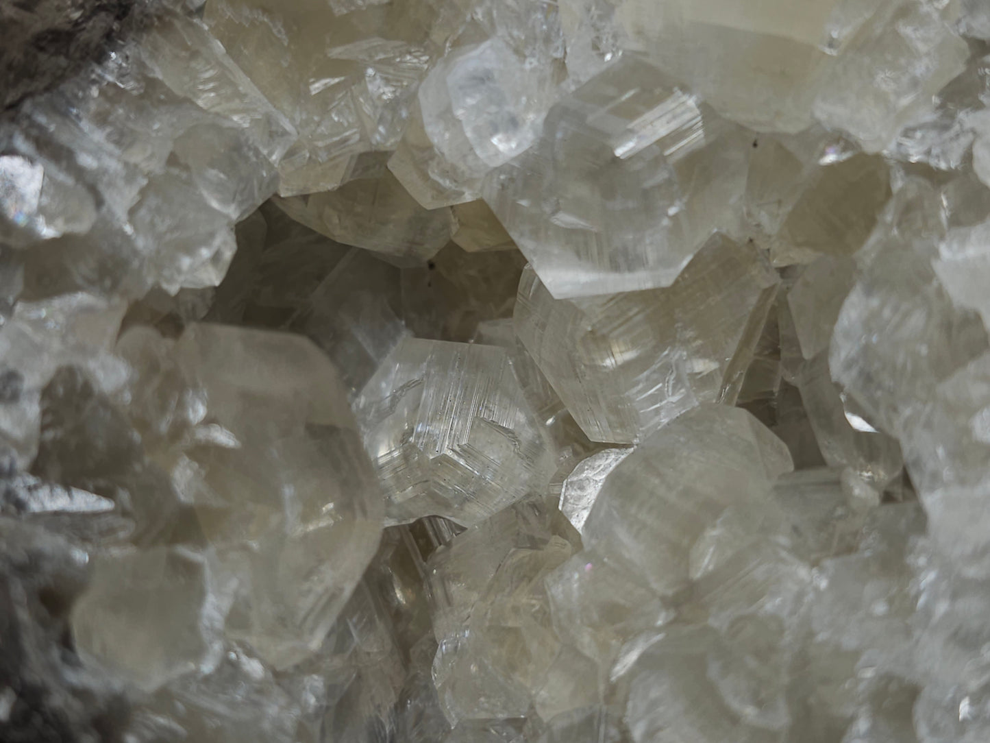 #33976 Super clear Nailhead Spar Calcite geode and Chalcopyrite ore and multiple small fossils in the matrix