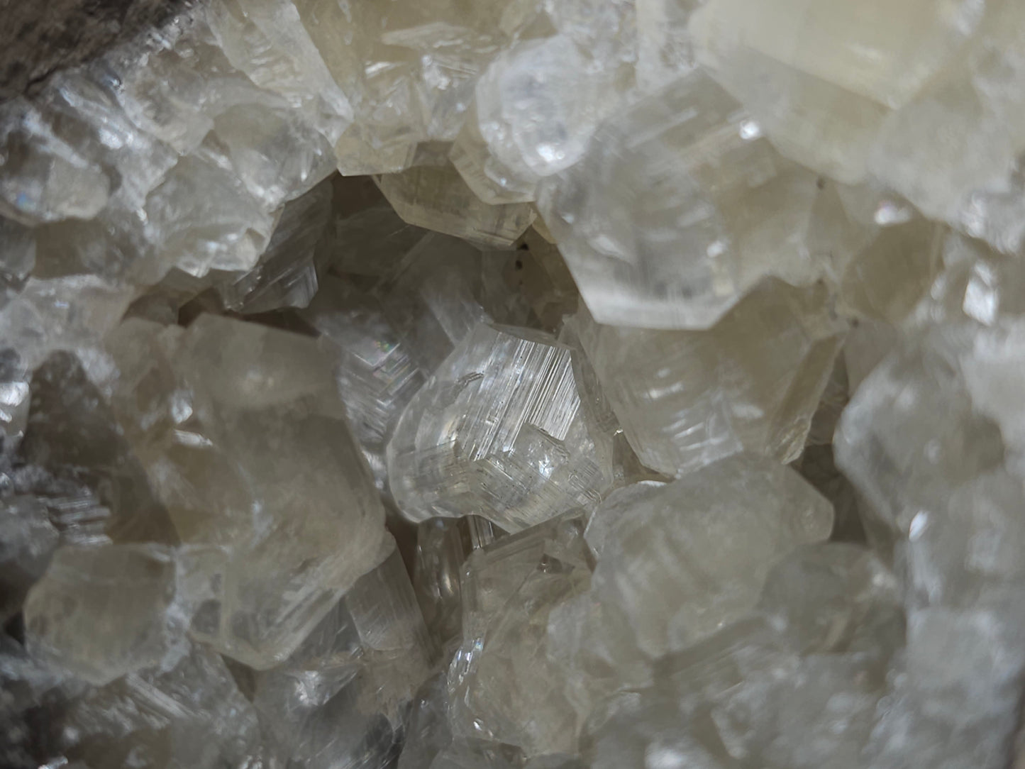 #33976 Super clear Nailhead Spar Calcite geode and Chalcopyrite ore and multiple small fossils in the matrix