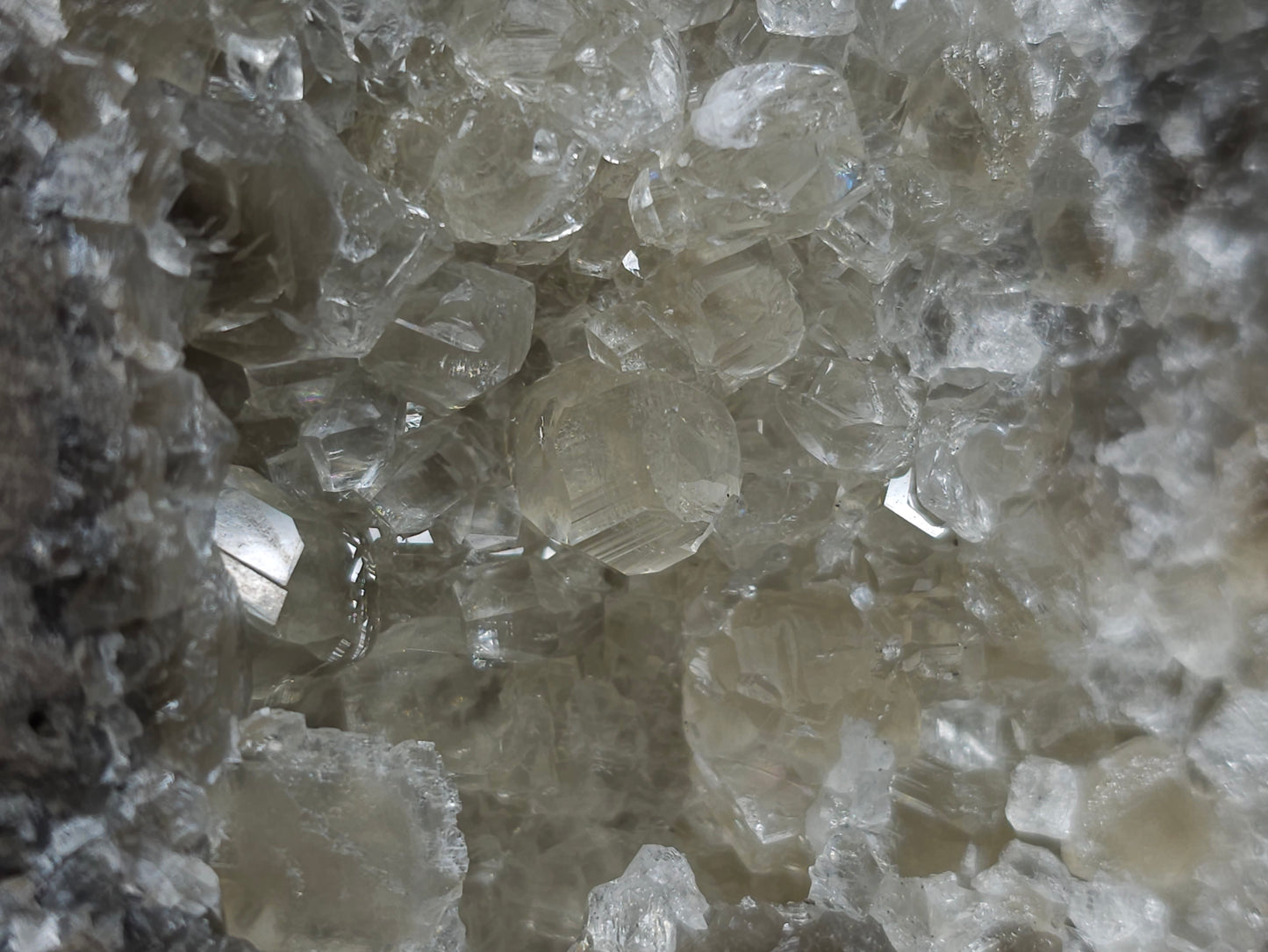 #33977 Super clear Nailhead Spar Calcite geode and Chalcopyrite ore and multiple small fossils in the matrix