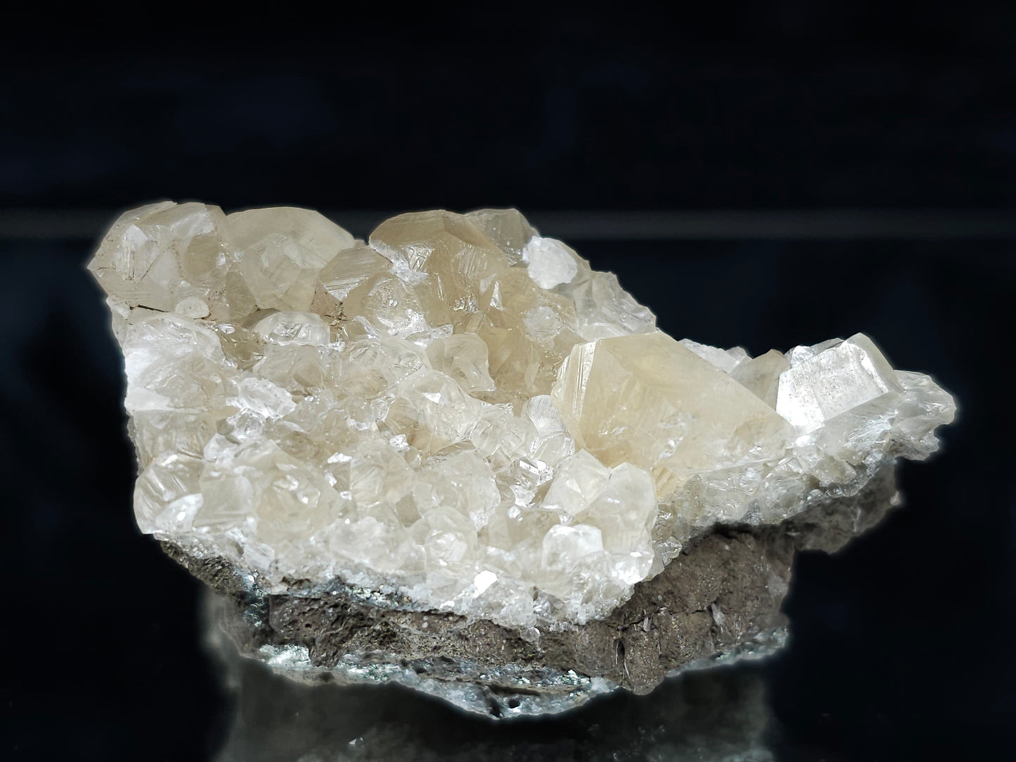 #33978 Super clear Nailhead Spar Calcite cluster and Chalcopyrite ore and multiple small fossils in the matrix