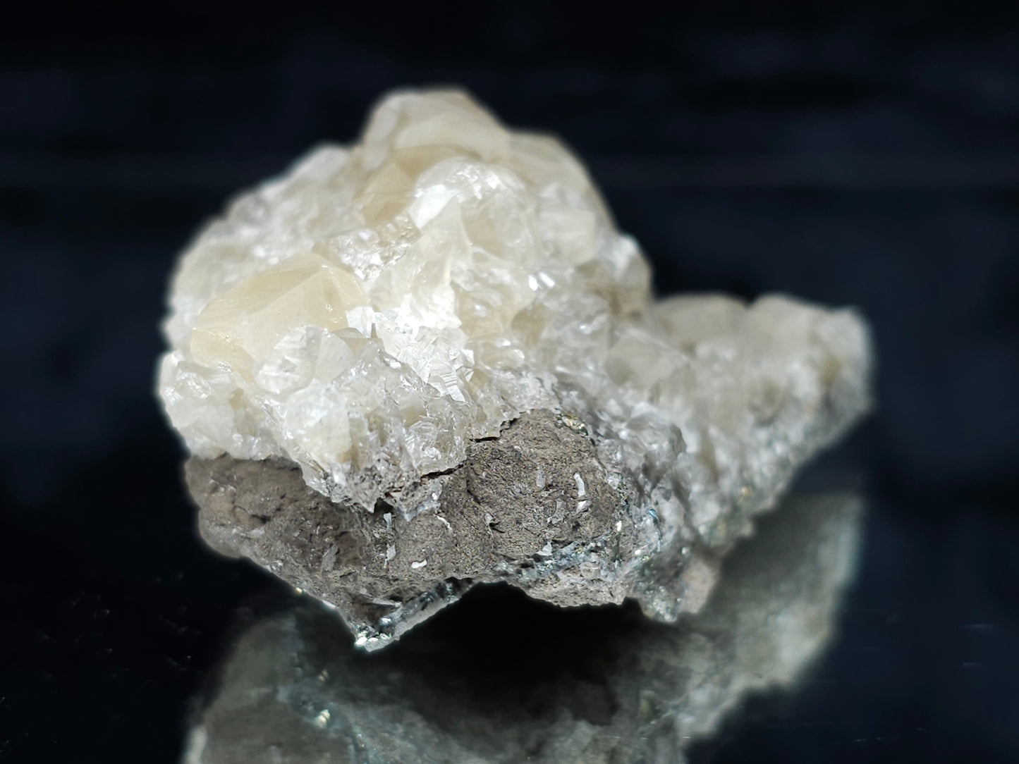 #33978 Super clear Nailhead Spar Calcite cluster and Chalcopyrite ore and multiple small fossils in the matrix