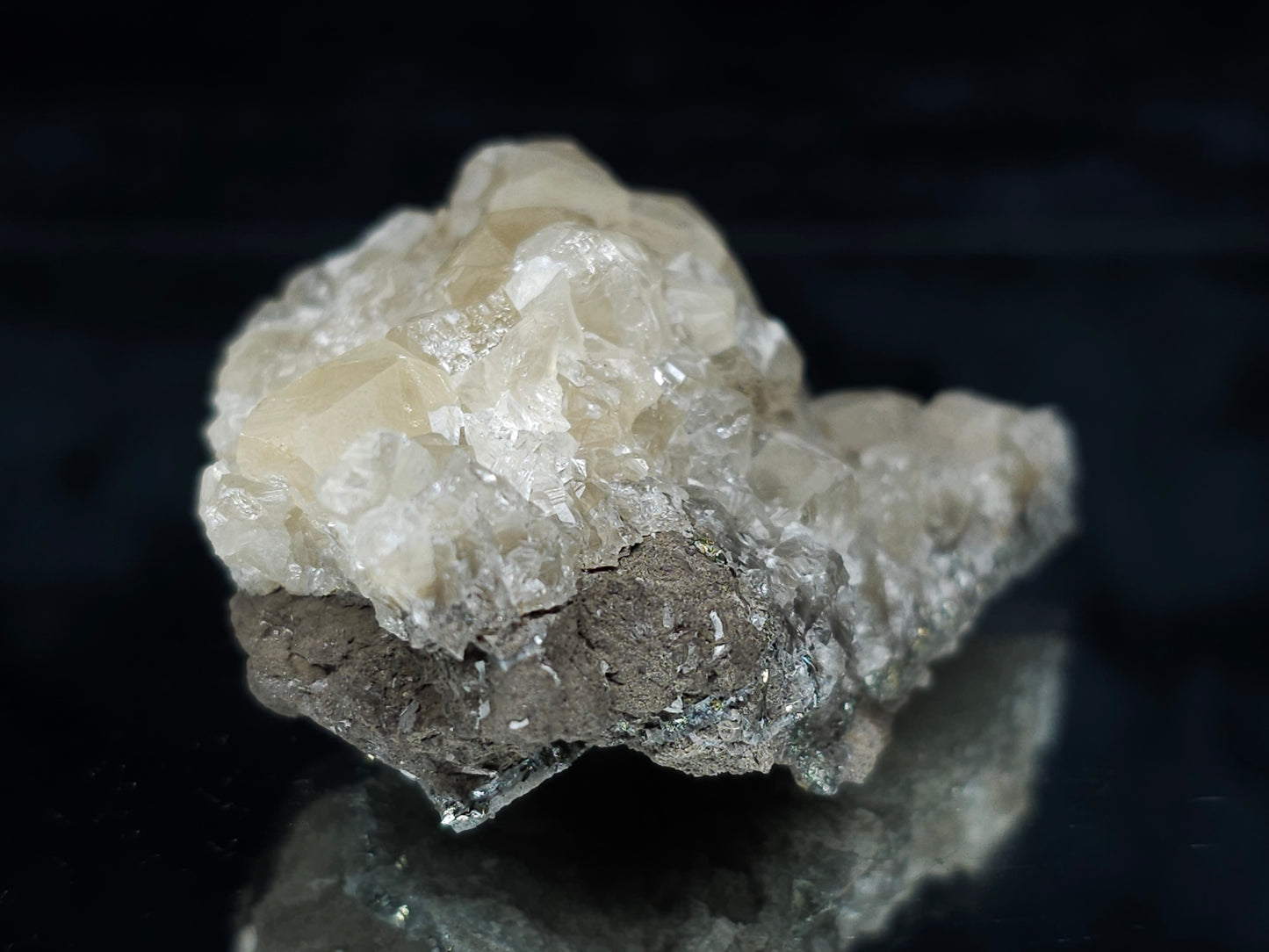 #33978 Super clear Nailhead Spar Calcite cluster and Chalcopyrite ore and multiple small fossils in the matrix