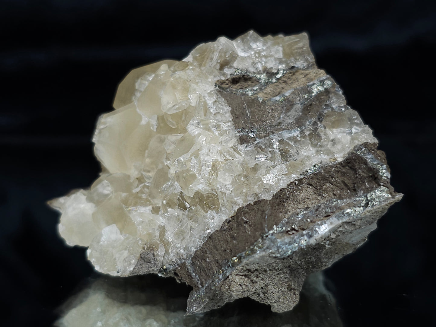 #33980 Super clear Nailhead Spar Calcite cluster and Chalcopyrite ore and multiple small fossils in the matrix