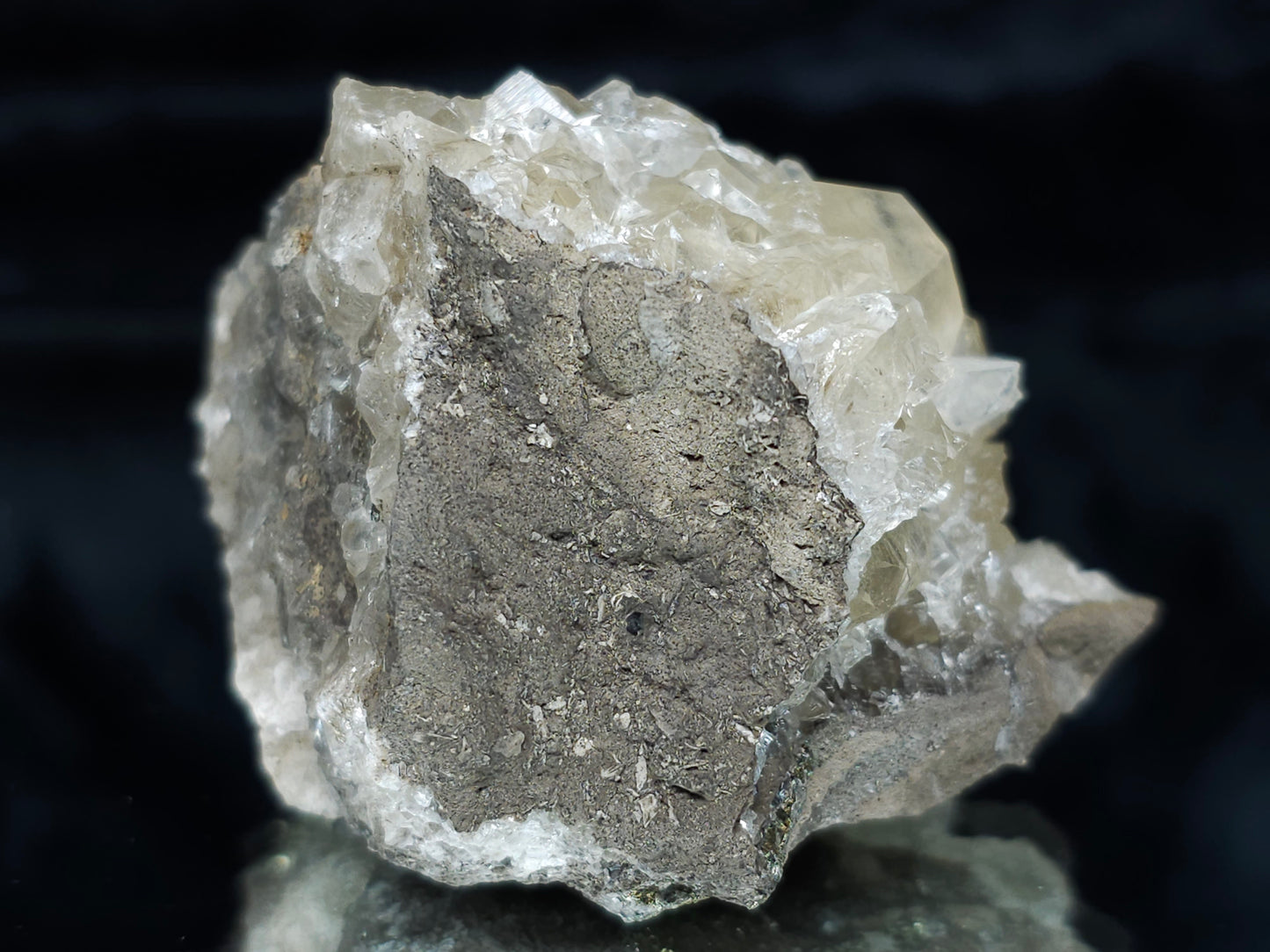 #33980 Super clear Nailhead Spar Calcite cluster and Chalcopyrite ore and multiple small fossils in the matrix