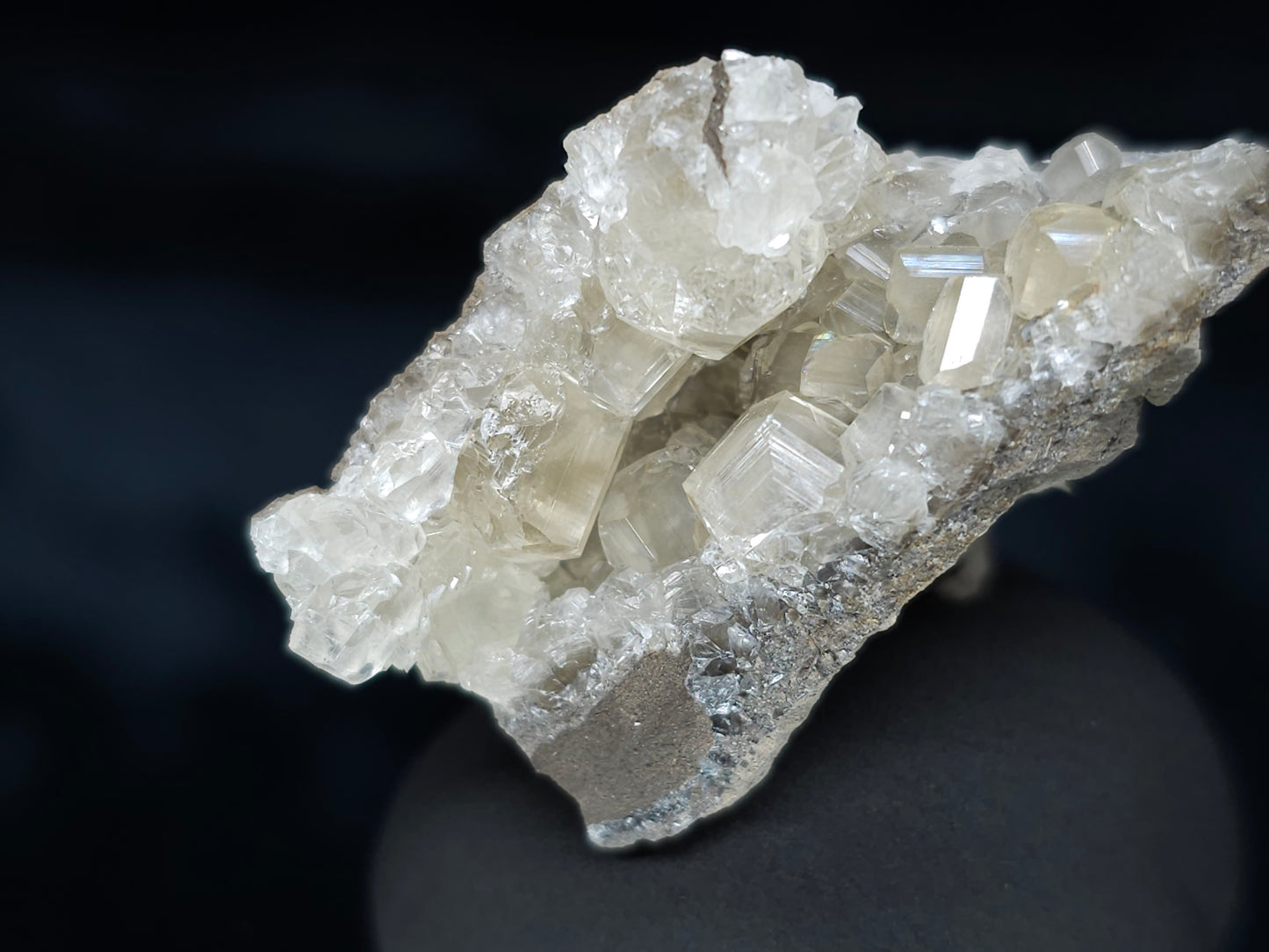 #33996 Super clear Nailhead Spar Calcite geode and Chalcopyrite ore and multiple small fossils in the matrix