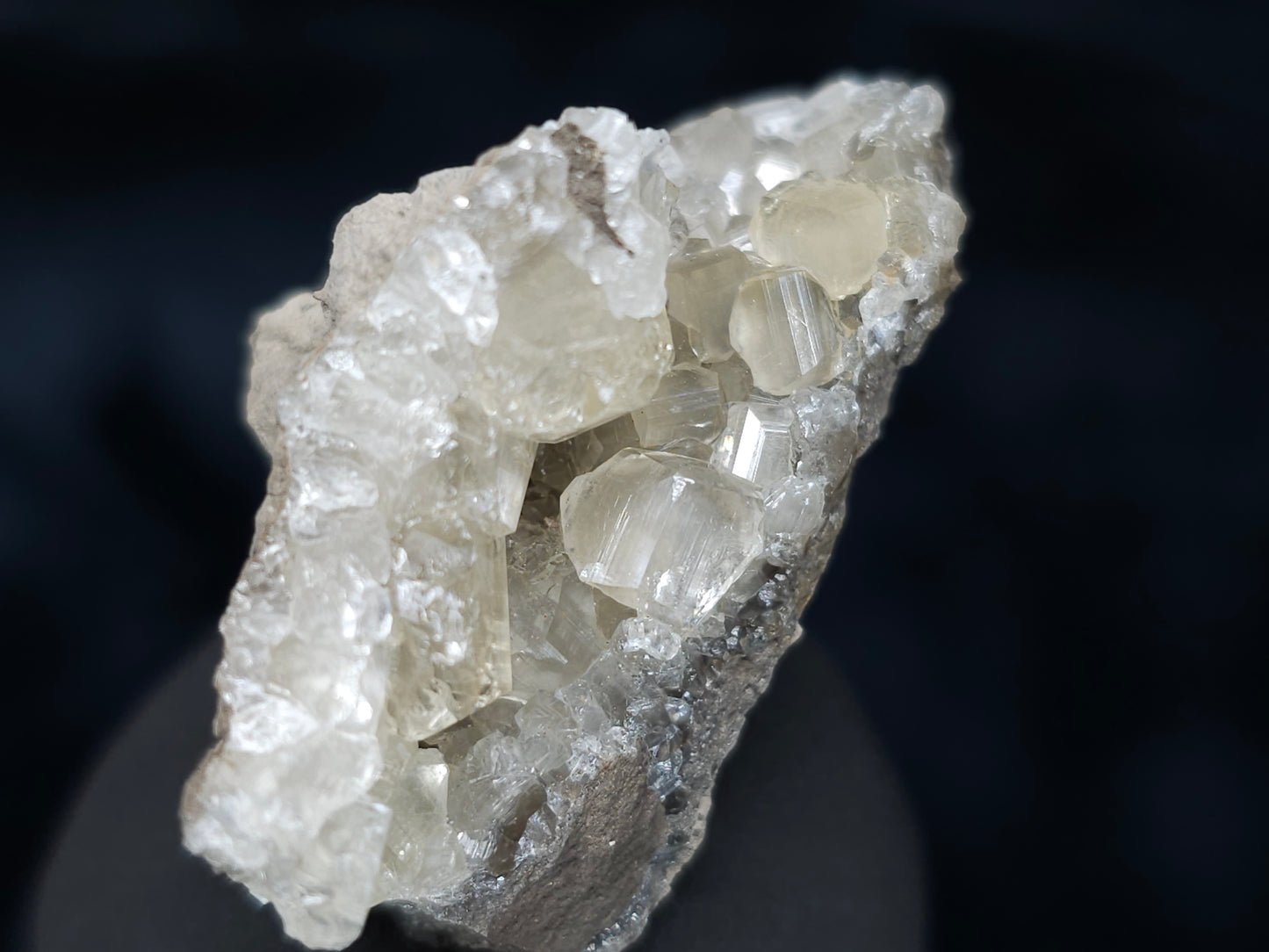 #33996 Super clear Nailhead Spar Calcite geode and Chalcopyrite ore and multiple small fossils in the matrix