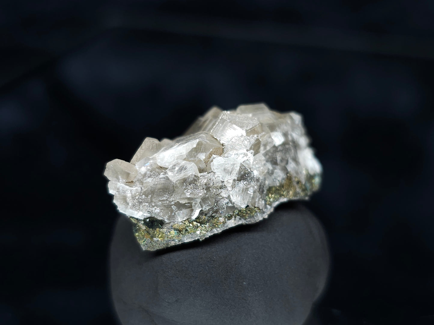 #34002 Super clear Nailhead Spar Calcite cluster and Chalcopyrite ore and multiple small fossils in the matrix