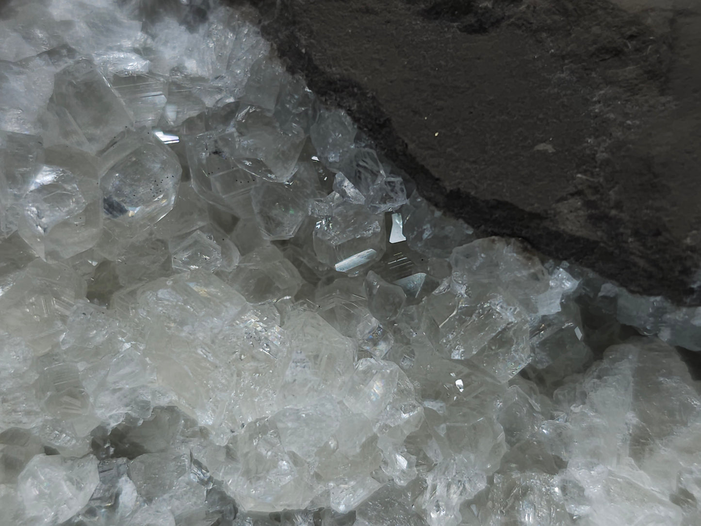 #34011 Super clear Nailhead Spar Calcite geode and Chalcopyrite ore and multiple small fossils in the matrix