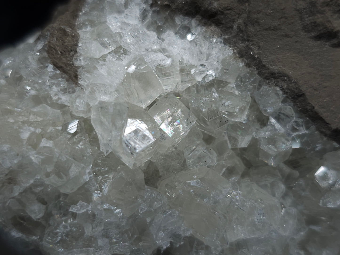 #34011 Super clear Nailhead Spar Calcite geode and Chalcopyrite ore and multiple small fossils in the matrix